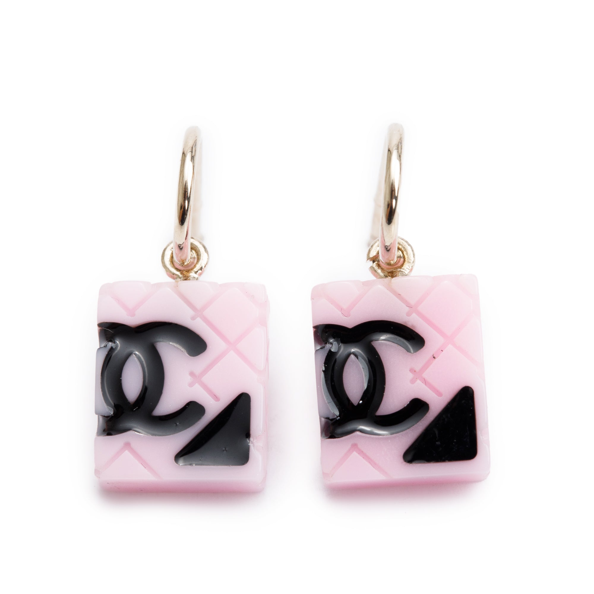 Chanel Gold Plated Pink & Black Resin Cambon Drop Earrings