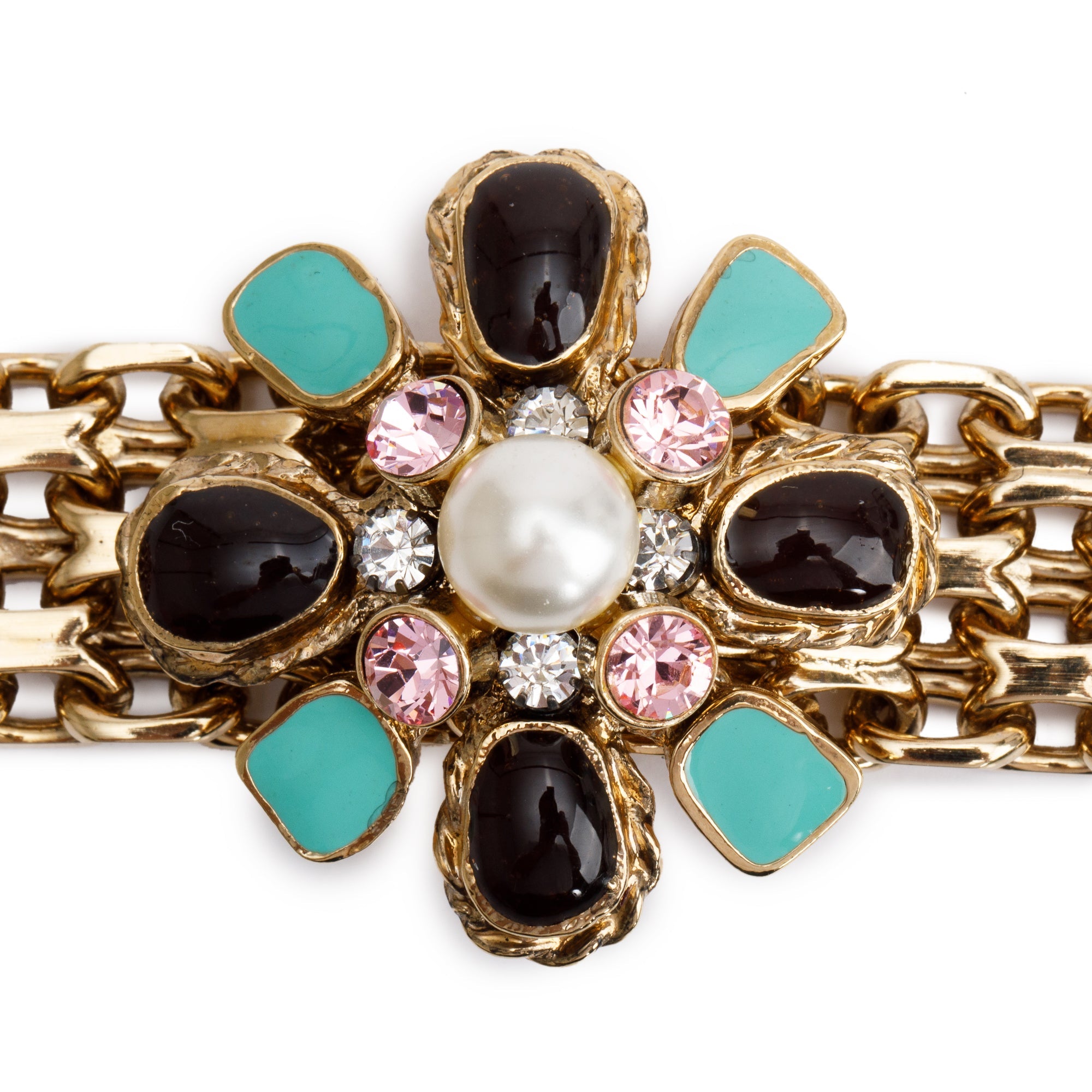 Chanel Gold Plated Resin, Enamel, Faux Pearl & Crystal Cluster Reissue Chain Bracelet