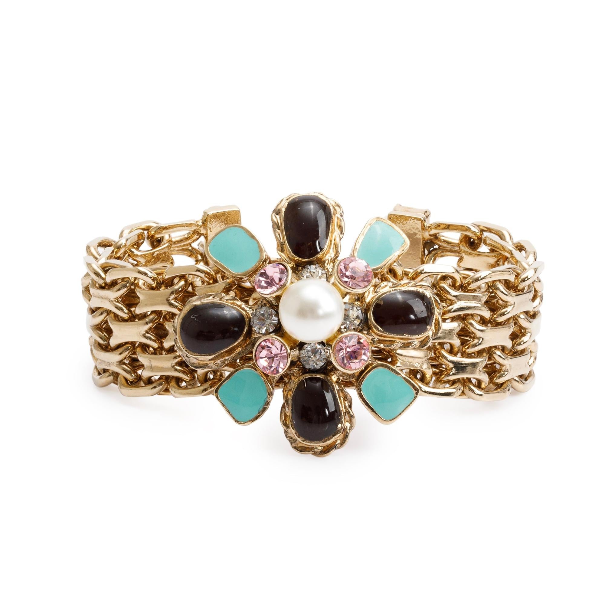 Chanel Gold Plated Resin, Enamel, Faux Pearl & Crystal Cluster Reissue Chain Bracelet