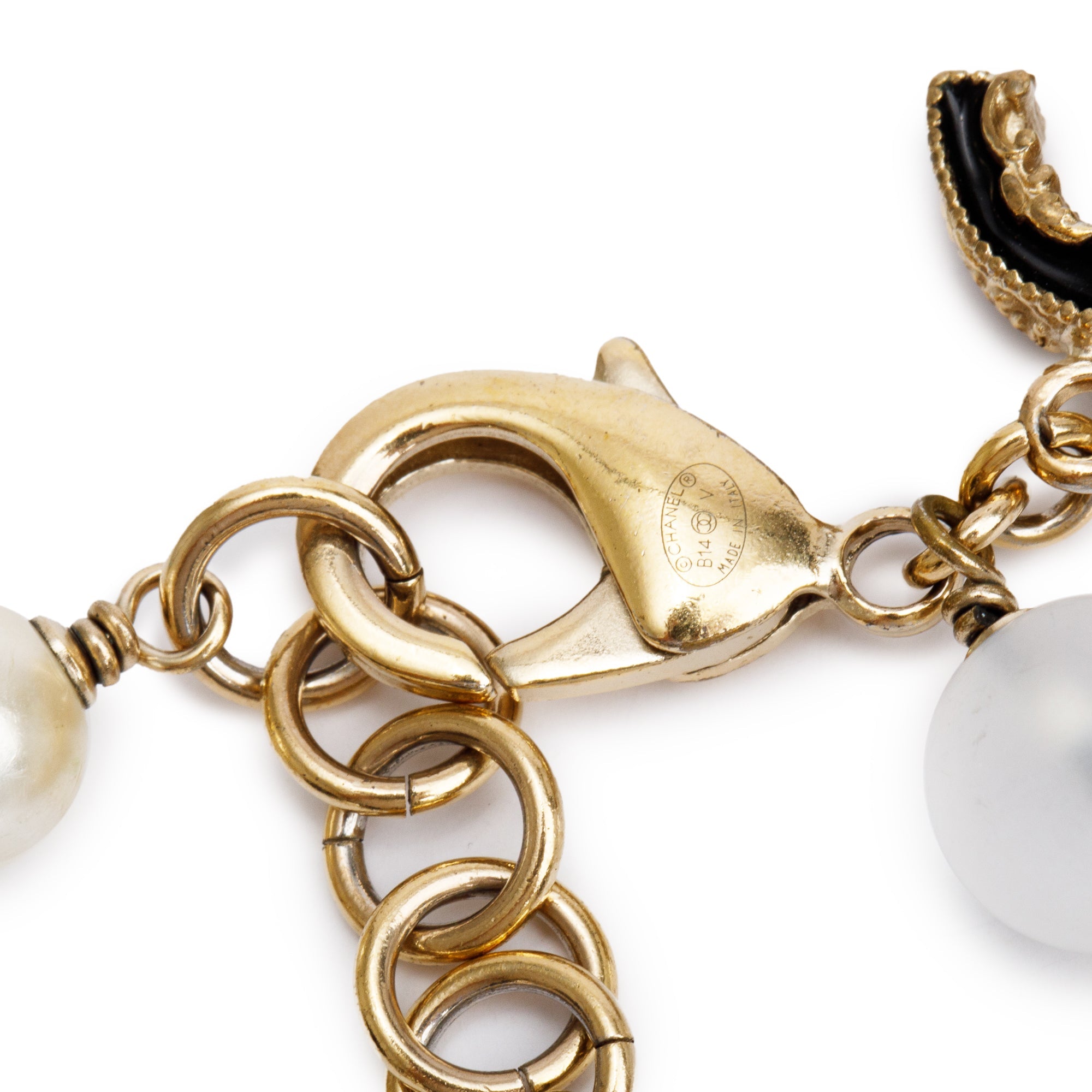 Chanel Gold Plated Resin, Faux Pearl & Black Enamel CC Bead Bracelet