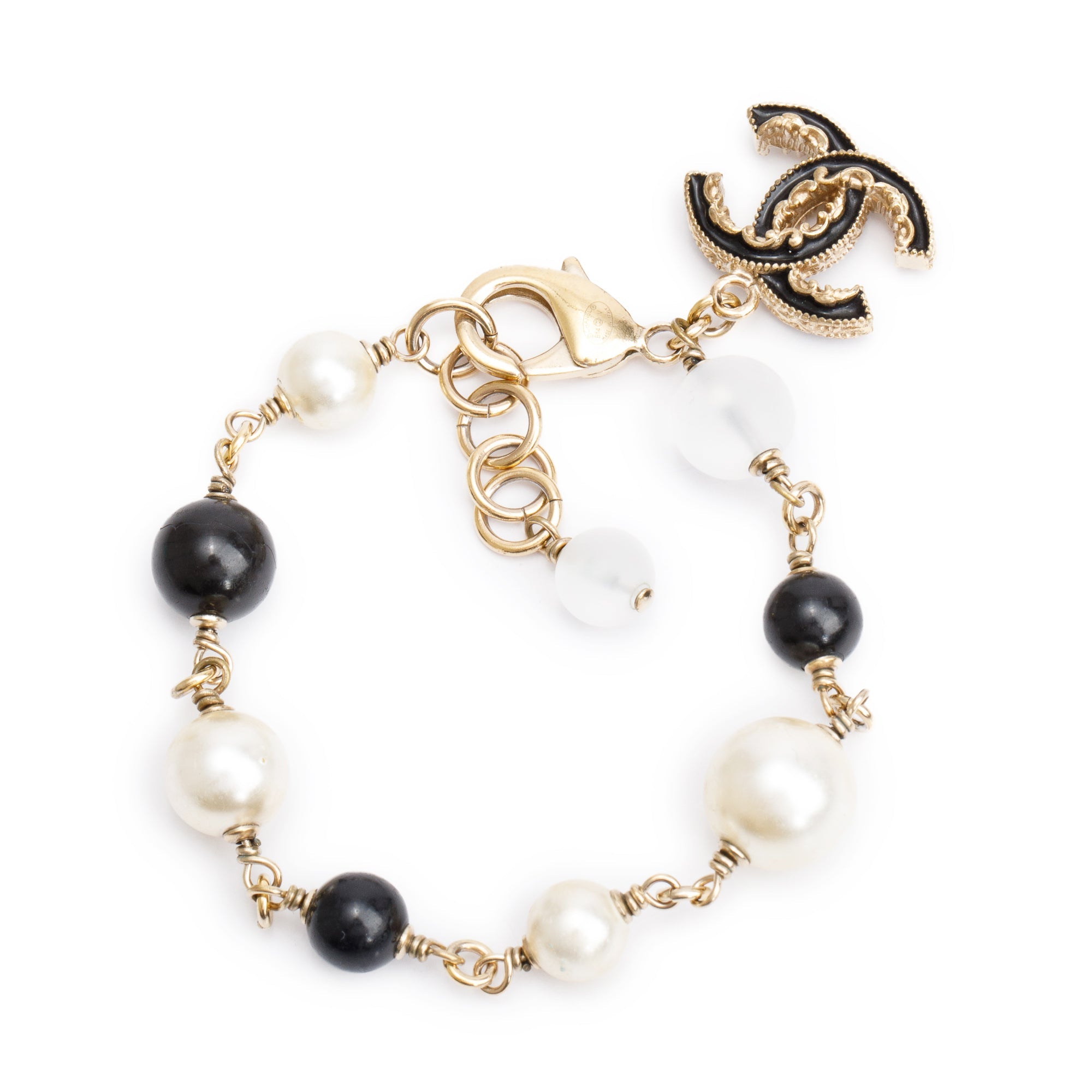 Chanel Gold Plated Resin, Faux Pearl & Black Enamel CC Bead Bracelet
