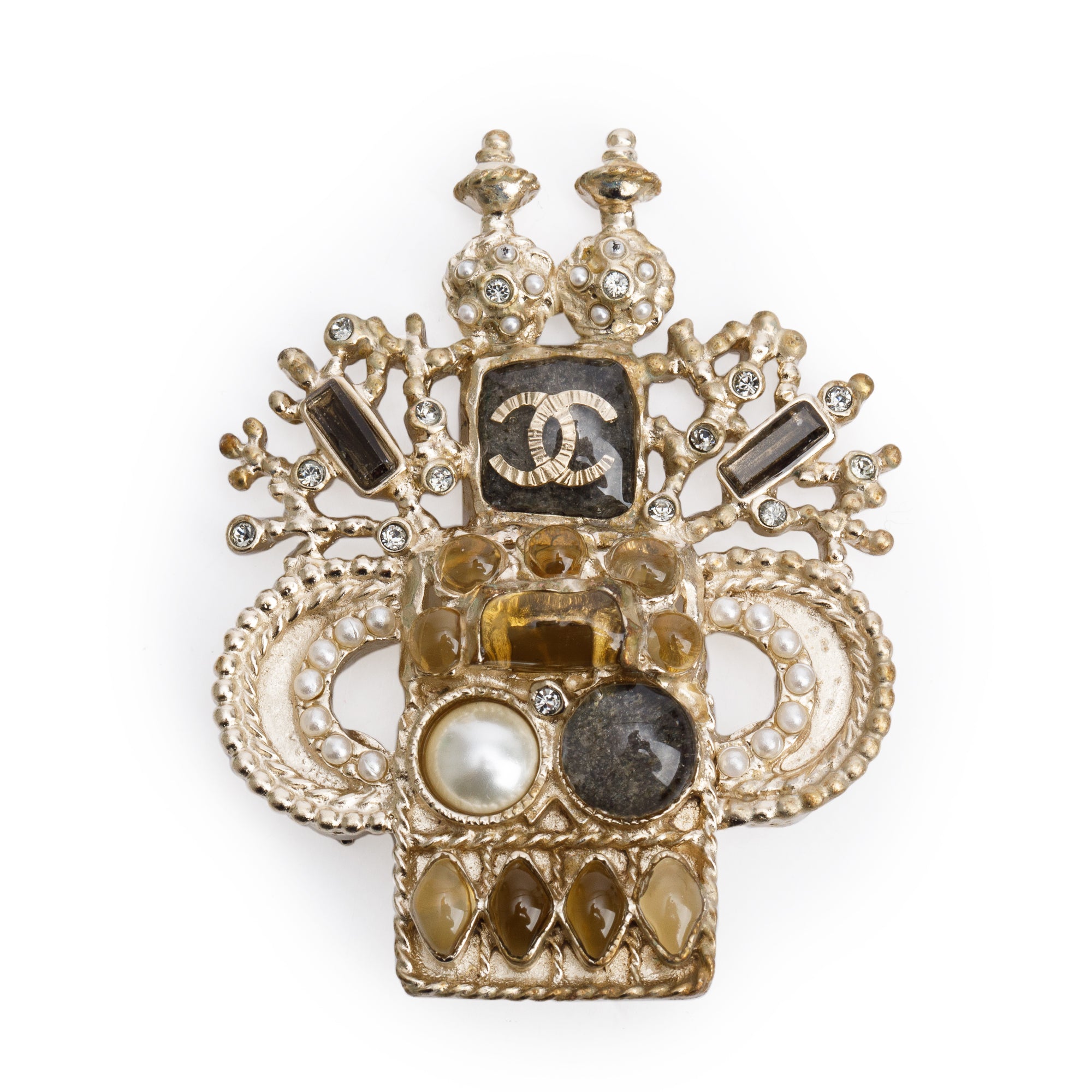 Chanel Gold Plated Resin, Faux Pearl & Strass CC Brooch