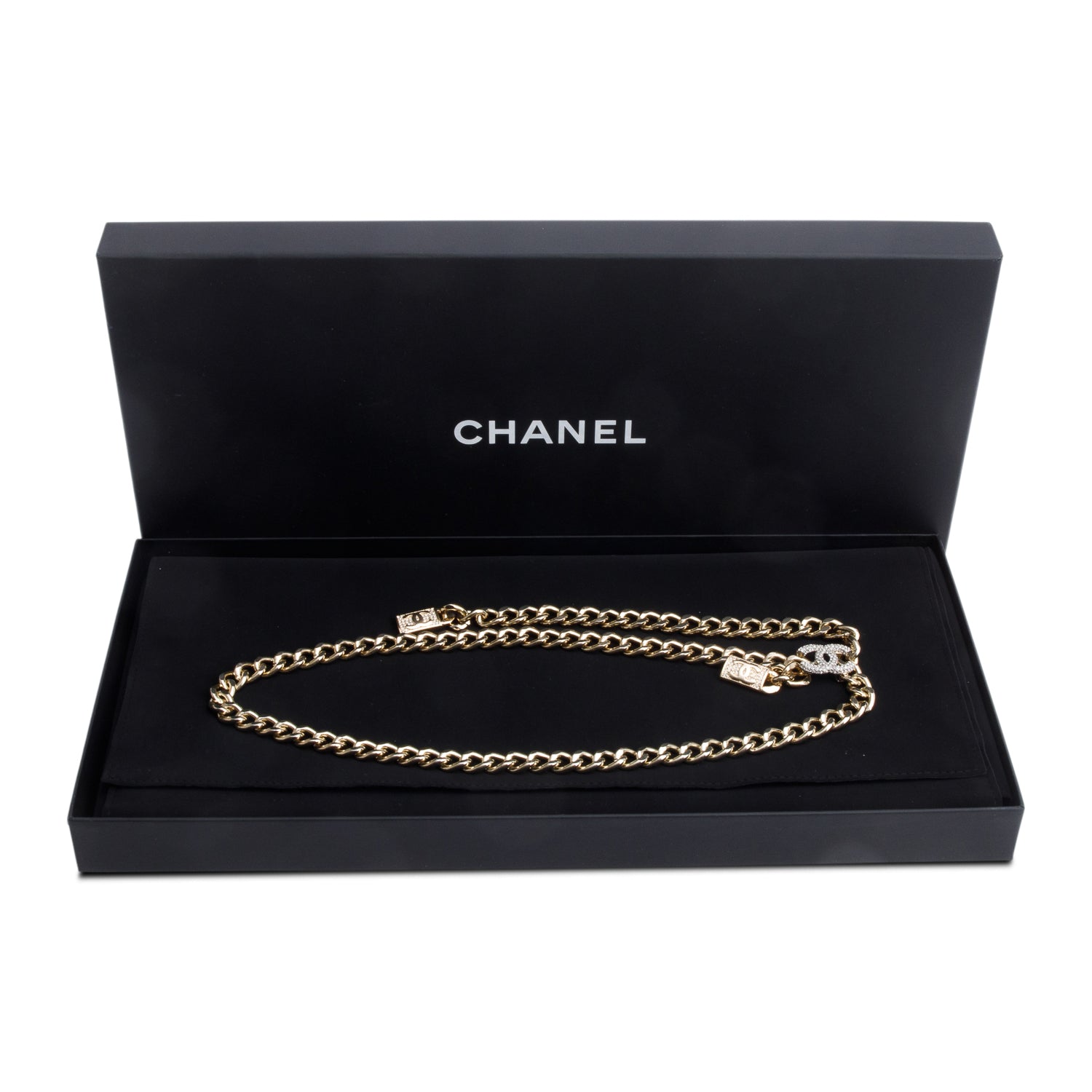 Chanel Gold Plated Strass CC Lariat Necklace w/ Box