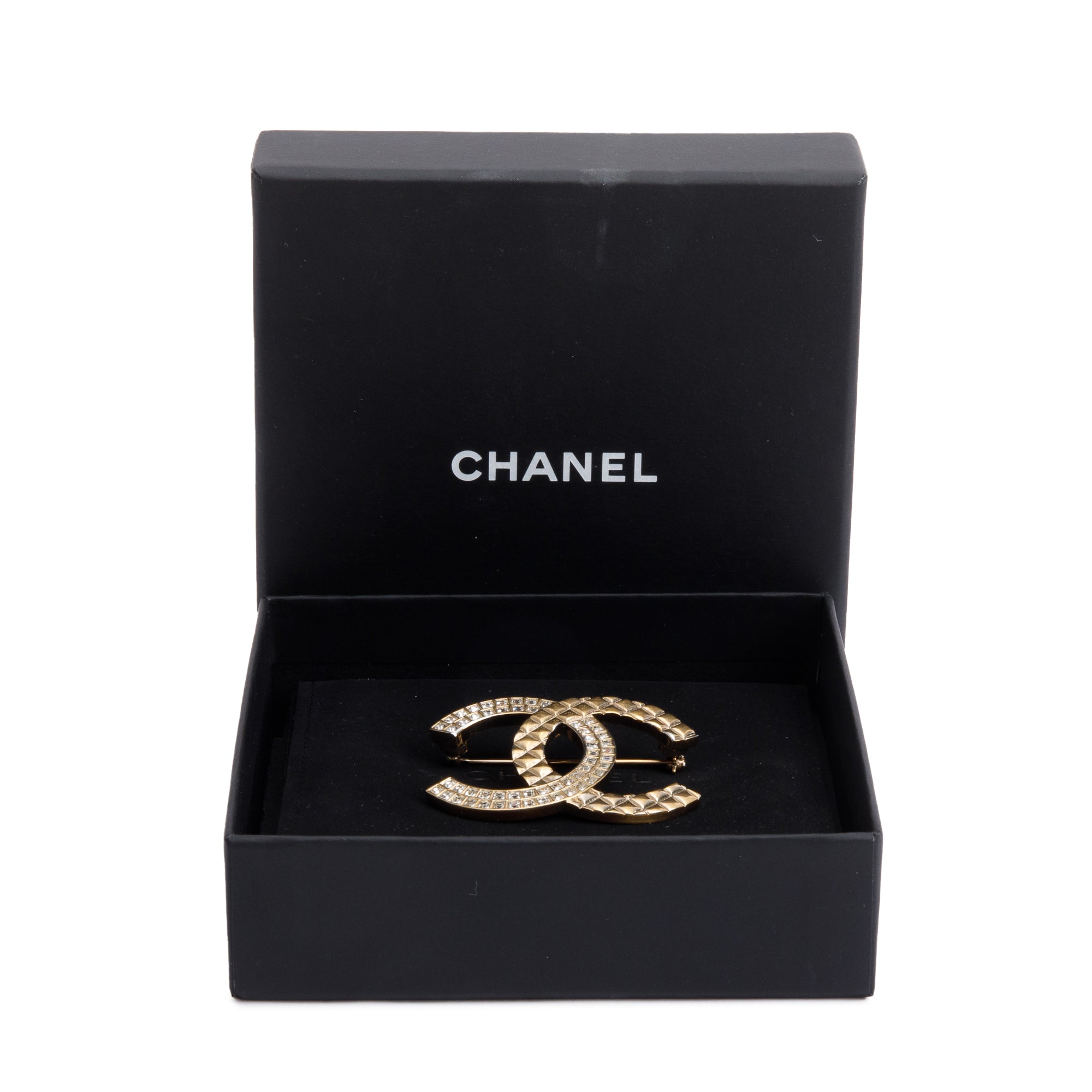 Chanel Gold Plated Strass CC Quilted Brooch w/ Box