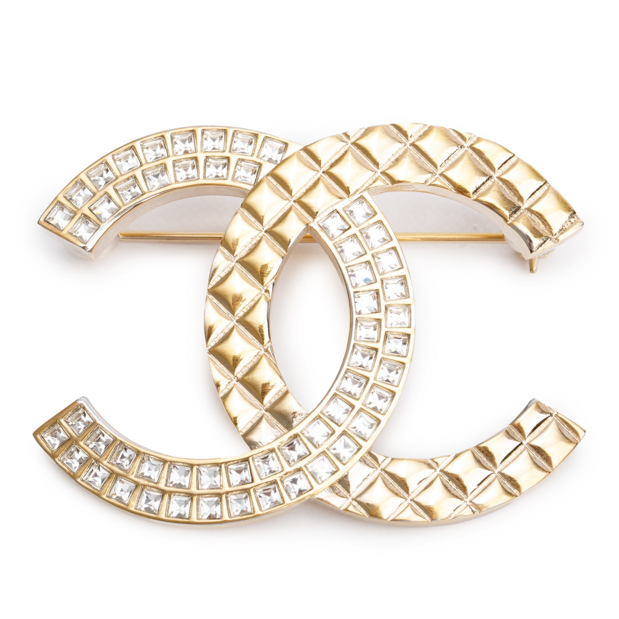 Chanel Gold Plated Strass CC Quilted Brooch w/ Box