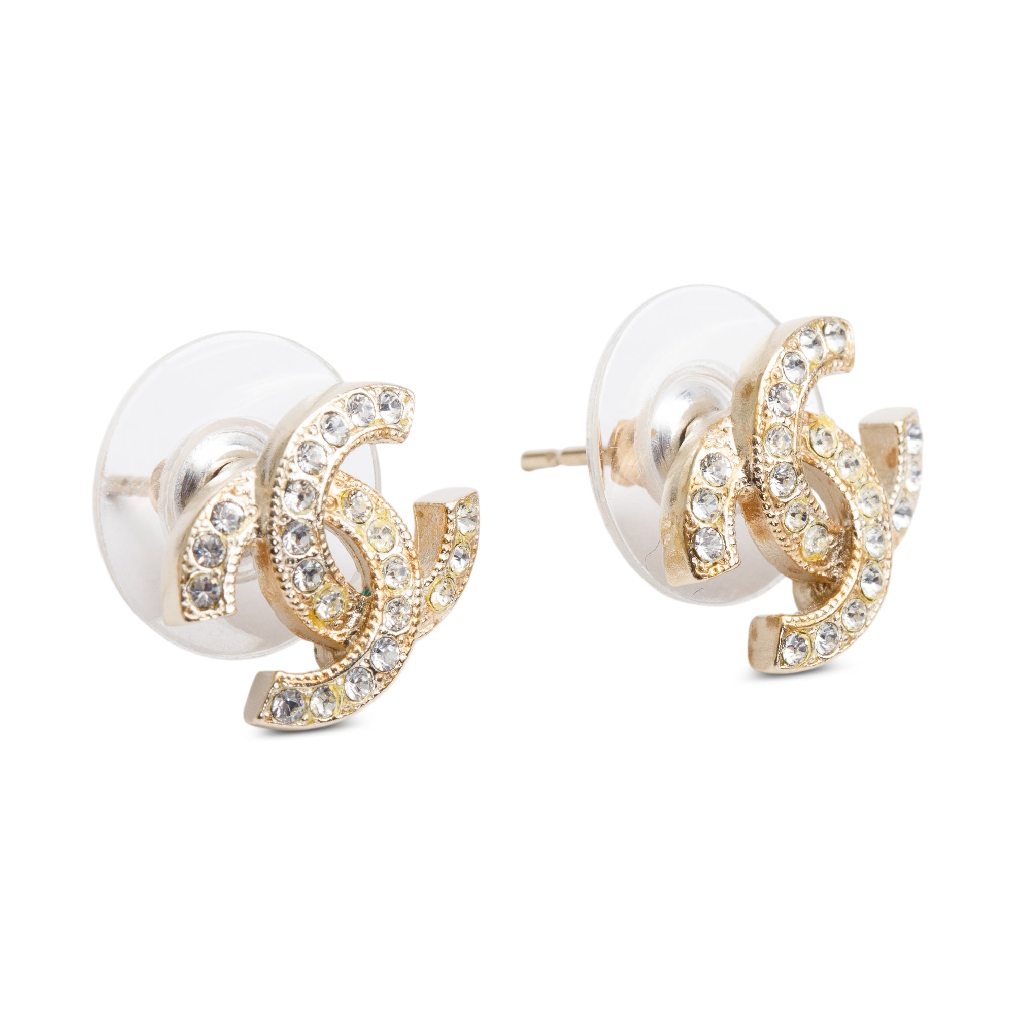 Chanel Gold Plated Strass CC Stud Earrings w/ Box