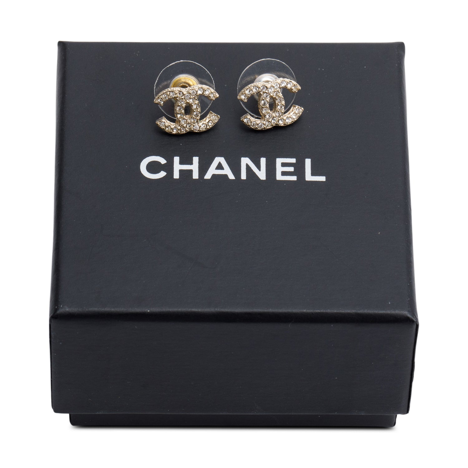 Chanel Gold Plated Strass CC Stud Earrings w/ Box & Receipt