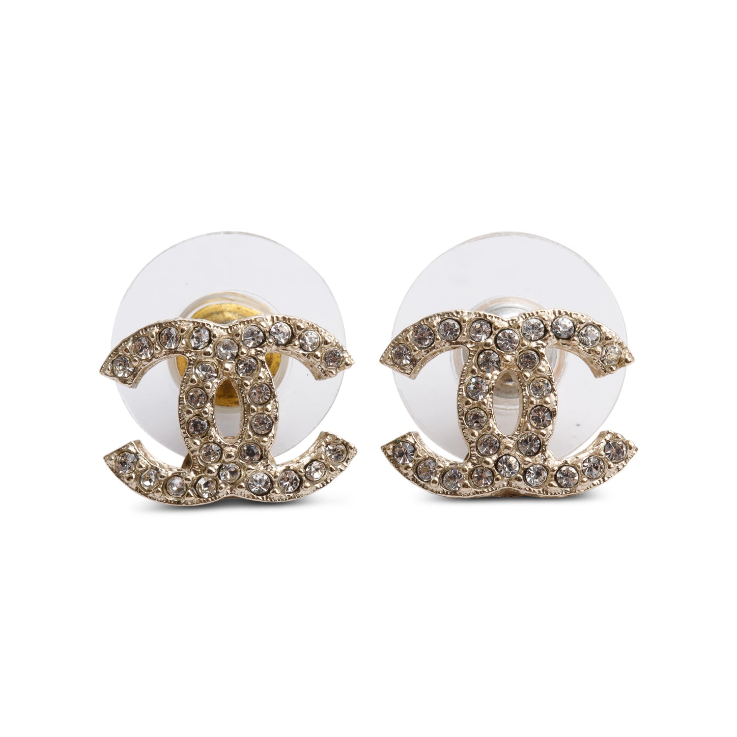 Chanel Gold Plated Strass CC Stud Earrings w/ Box & Receipt