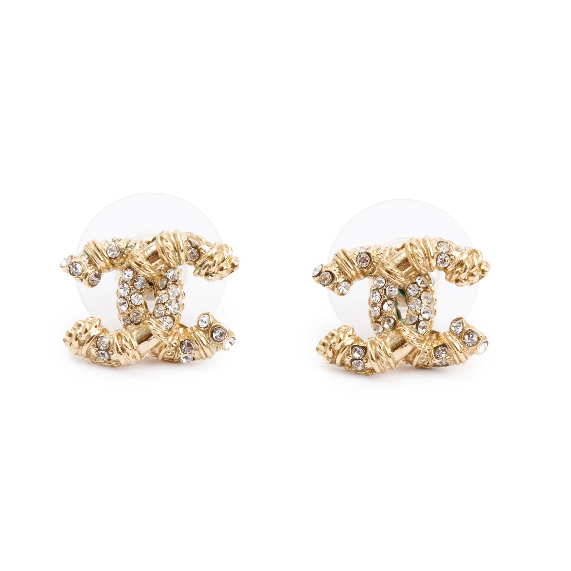 Chanel Gold Plated Strass CC Stud Earrings w/ Box