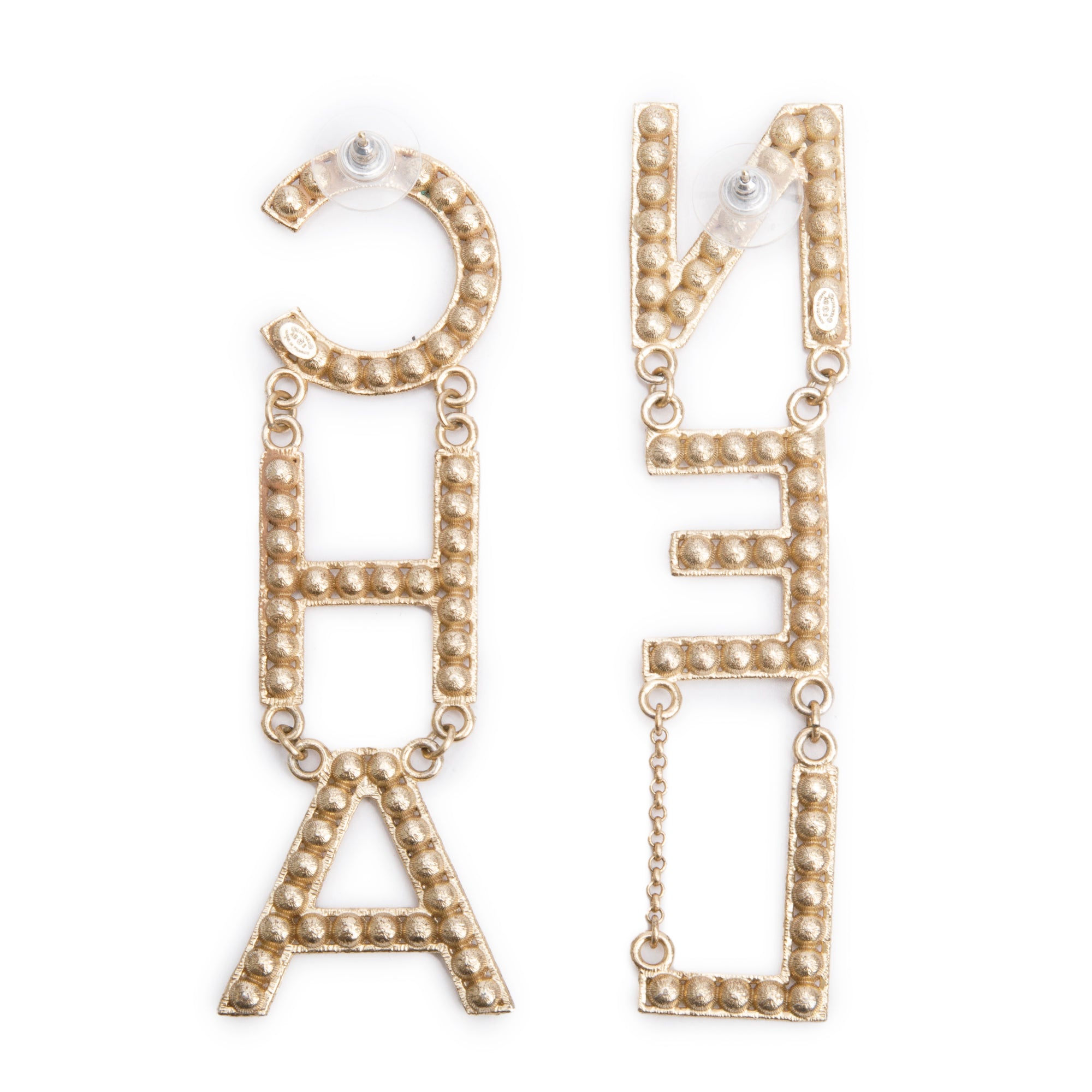 Chanel Gold Plated Strass 'CHA-NEL' Drop Earrings w/ Box