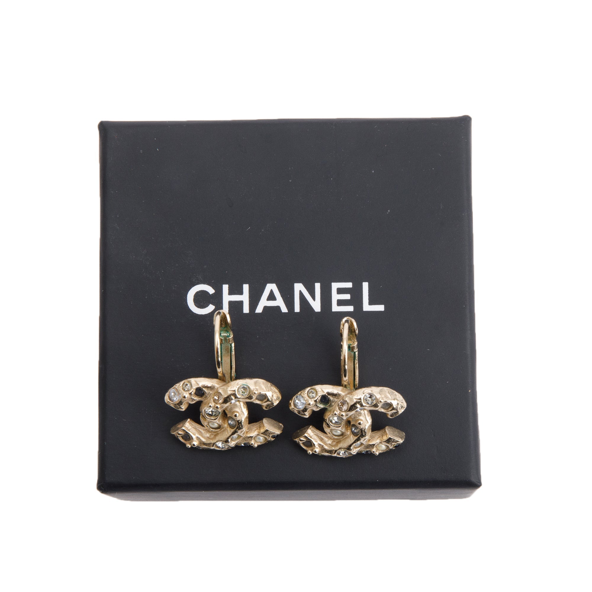 Chanel Gold Plated Strass & Faux Pearl CC Drop Earrings w/ Box