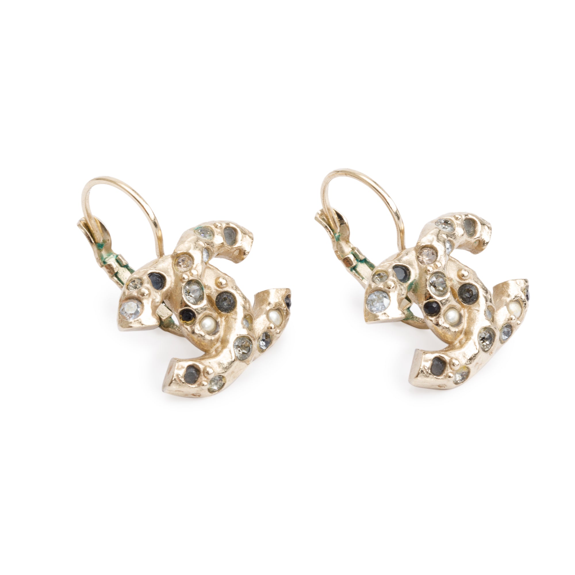 Chanel Gold Plated Strass & Faux Pearl CC Drop Earrings w/ Box
