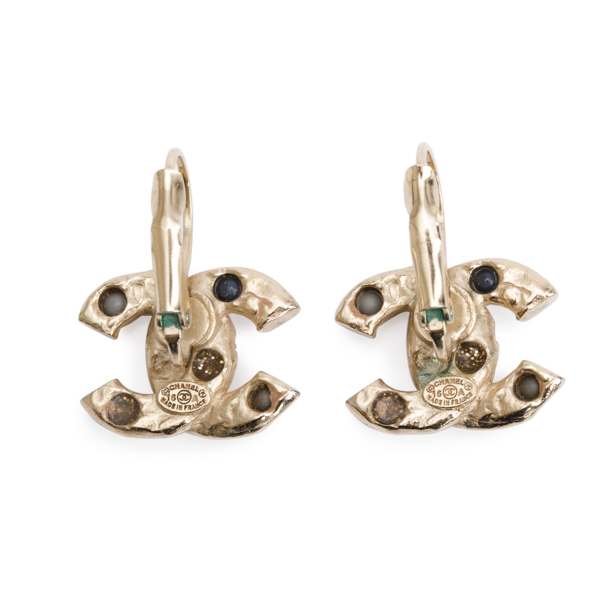 Chanel Gold Plated Strass & Faux Pearl CC Drop Earrings w/ Box
