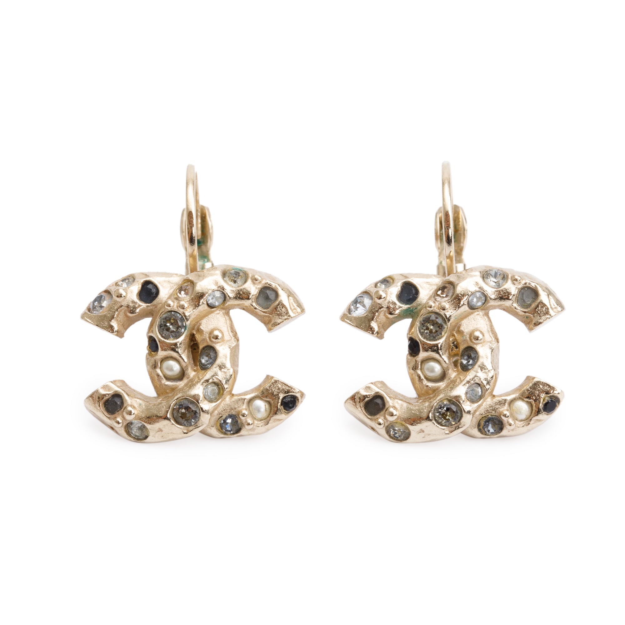 Chanel Gold Plated Strass & Faux Pearl CC Drop Earrings w/ Box