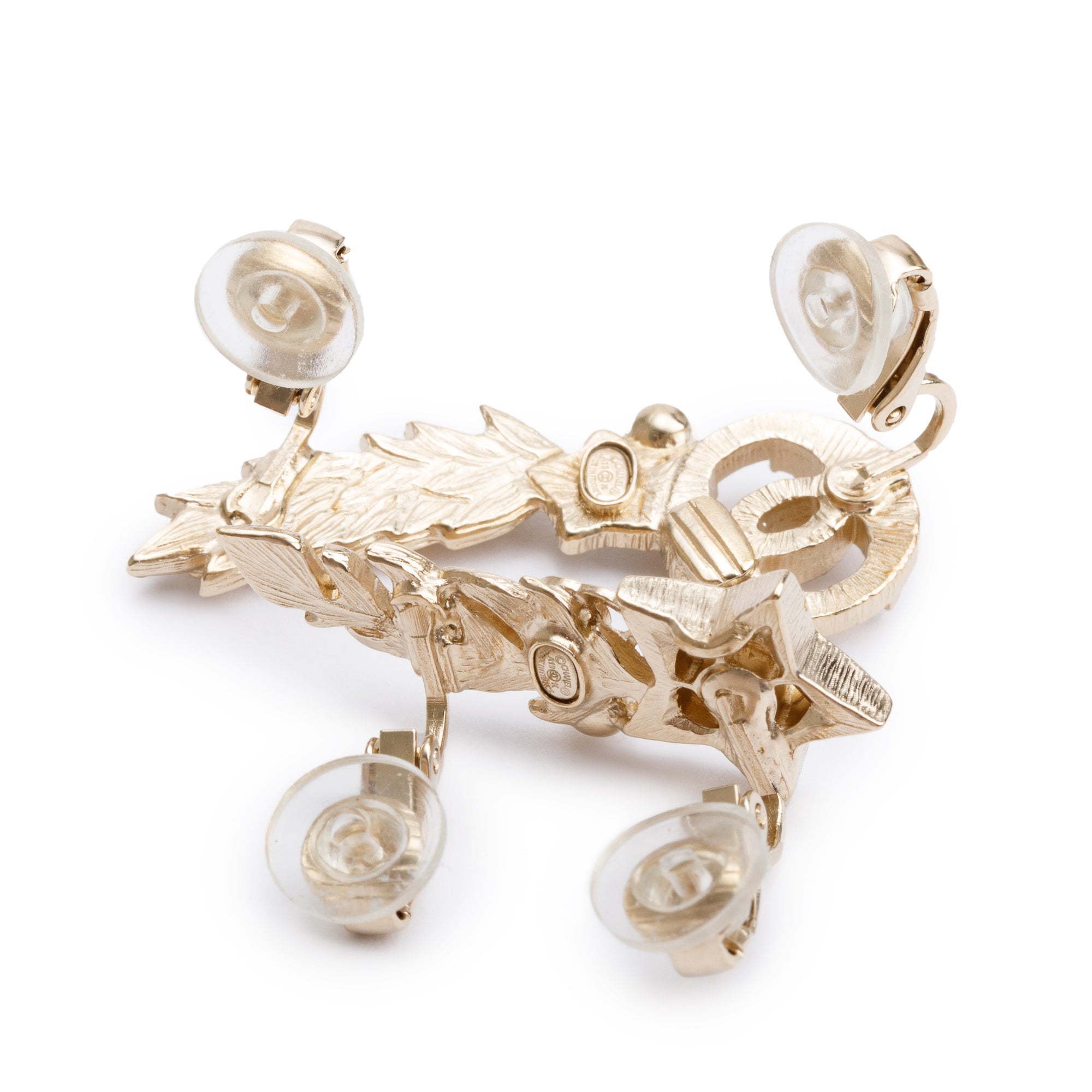 Chanel Gold Plated Strass & Faux Pearl CC Feather Star Clip-On Earrings w/ Box