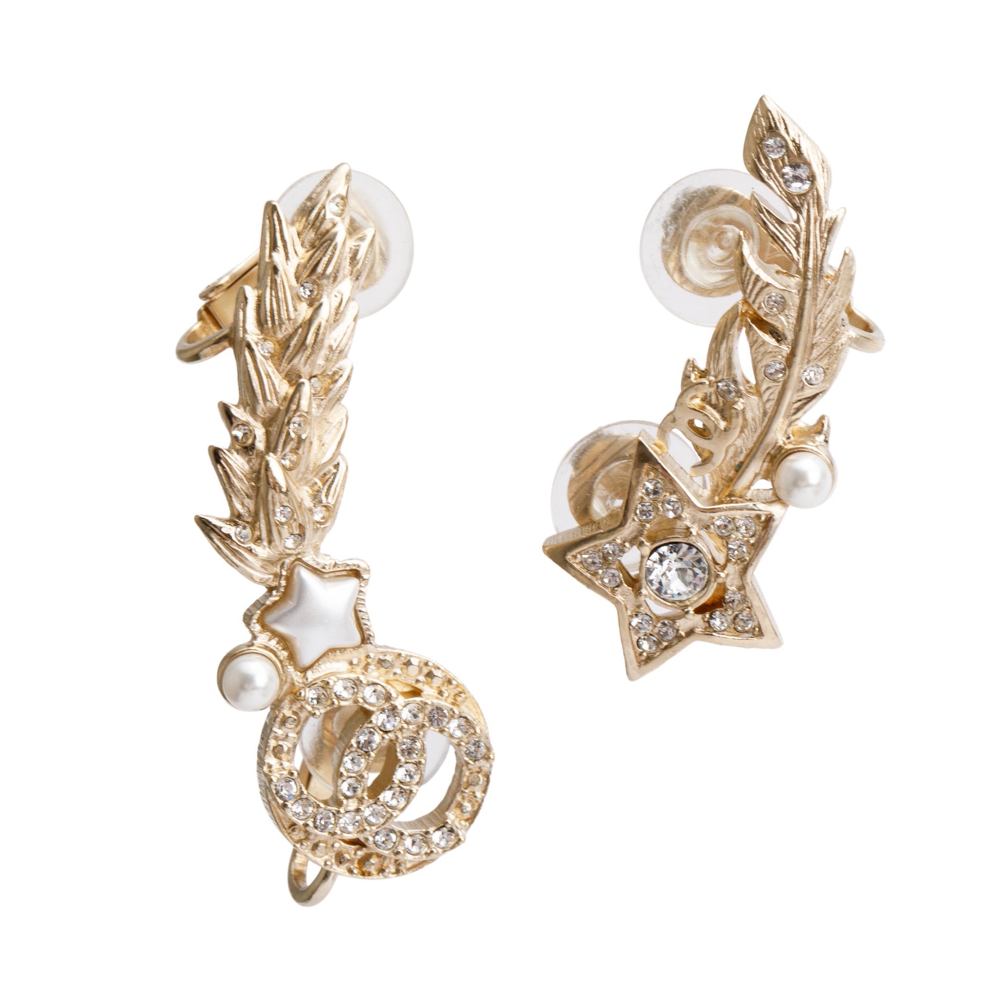 Chanel Gold Plated Strass & Faux Pearl CC Feather Star Clip-On Earrings w/ Box