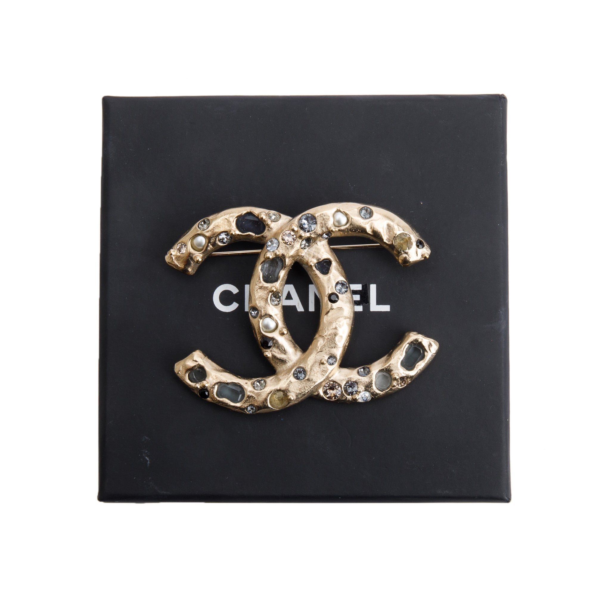 Chanel Gold Plated Strass & Faux Pearl Large CC Brooch w/ Box