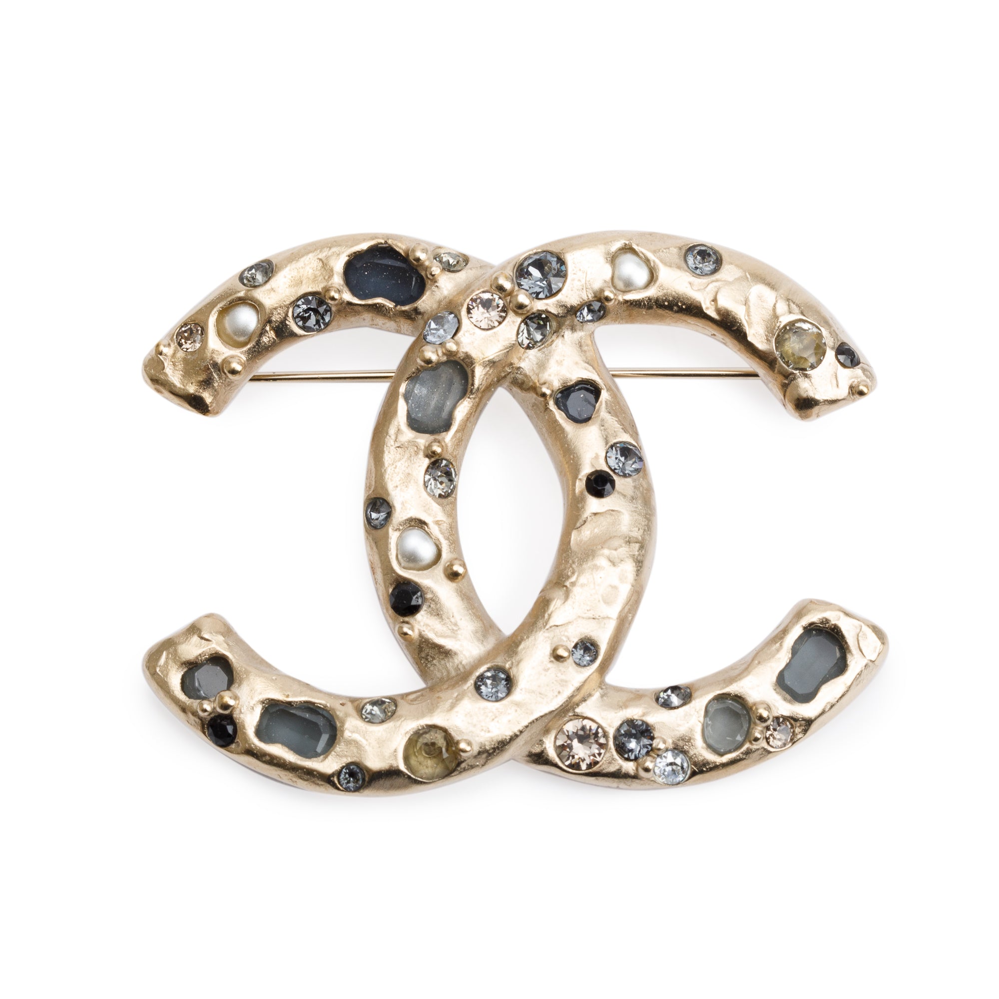 Chanel Gold Plated Strass & Faux Pearl Large CC Brooch w/ Box