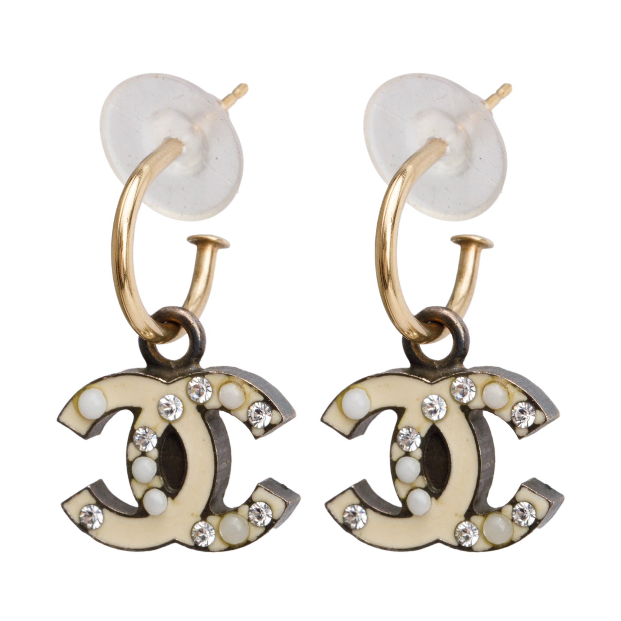 Chanel Gold Plated White Enamel Crystal CC Drop Earrings
