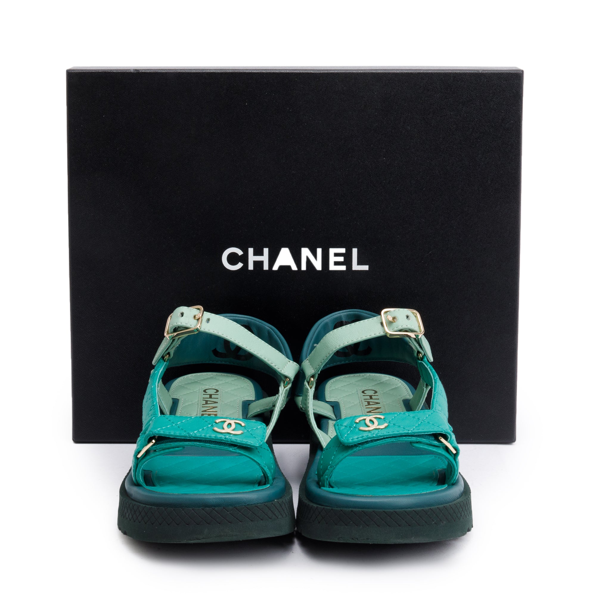Chanel Green Lambskin Leather Dad Interlocking CC Logo Sandals, Size 37.5 w/ Box