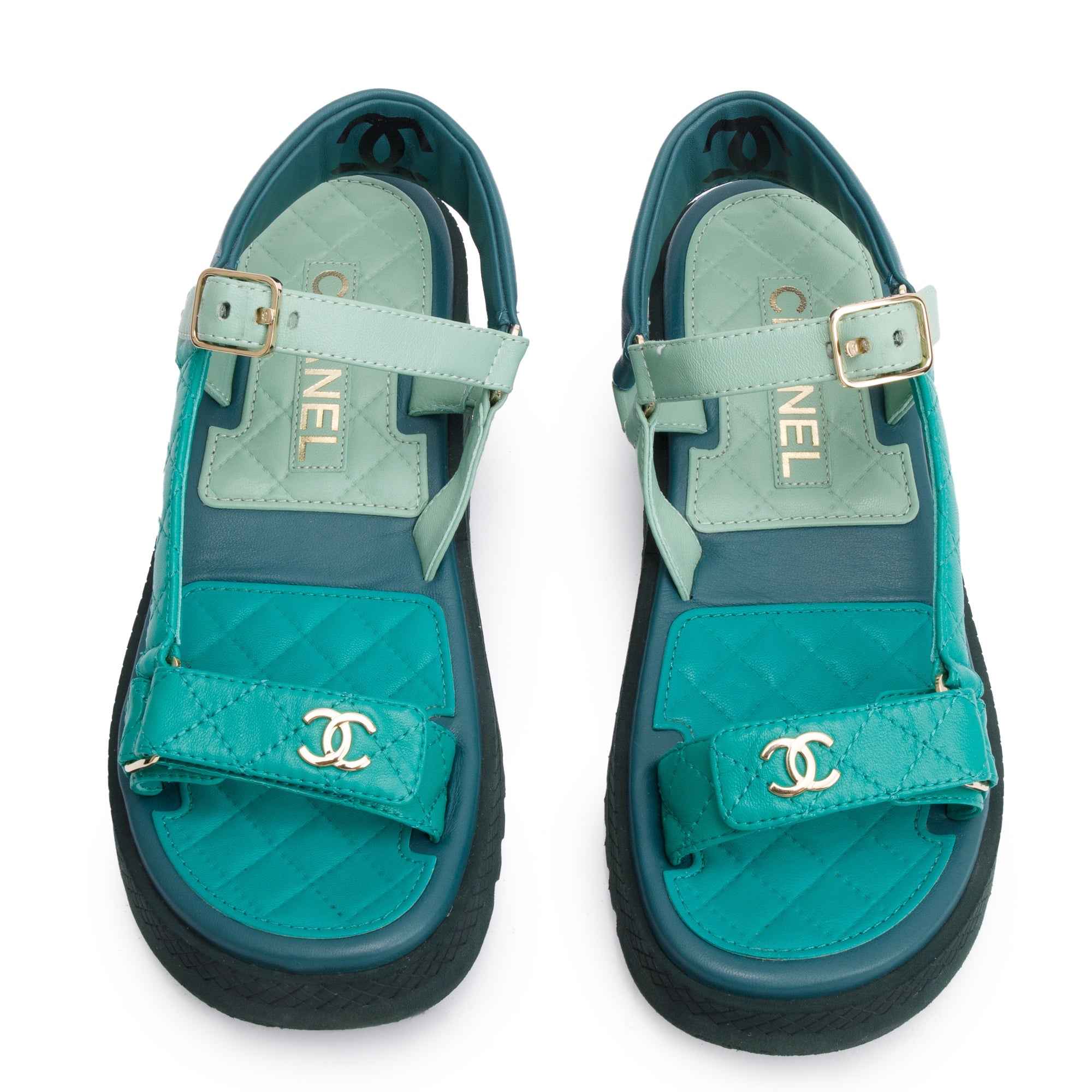 Chanel Green Lambskin Leather Dad Interlocking CC Logo Sandals, Size 37.5 w/ Box