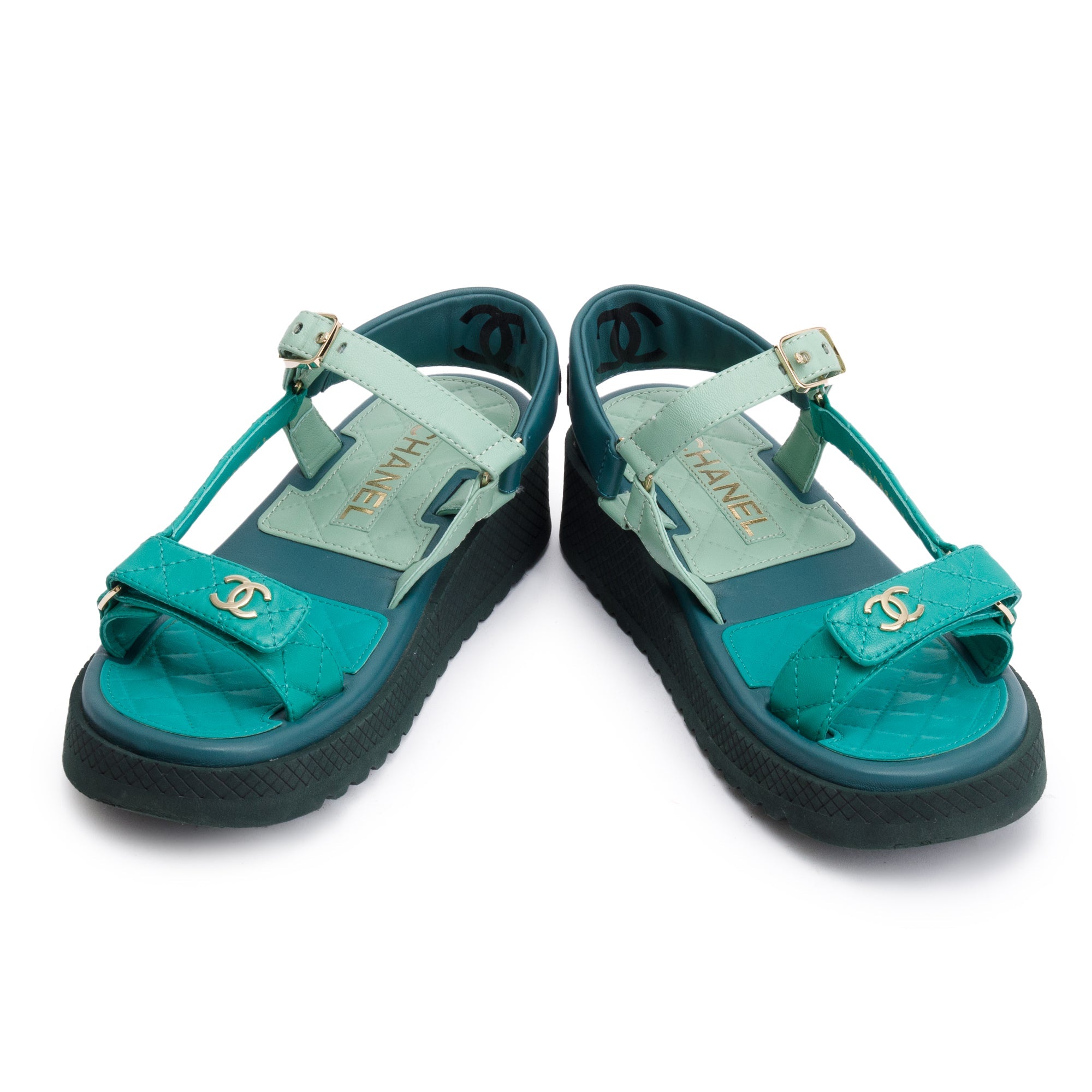 Chanel Green Lambskin Leather Dad Interlocking CC Logo Sandals, Size 37.5 w/ Box