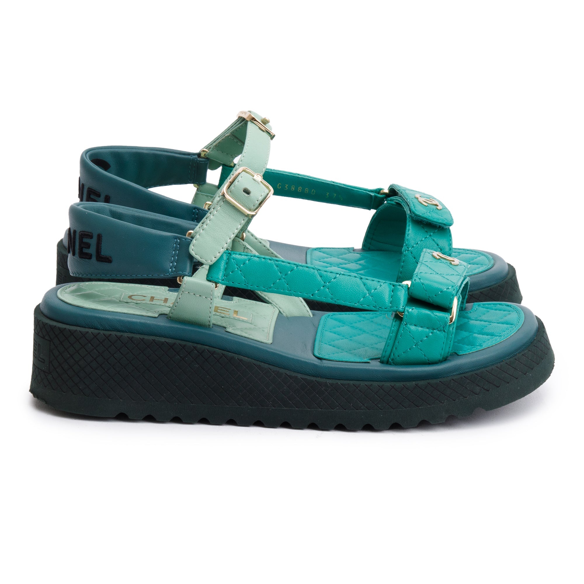 Chanel Green Lambskin Leather Dad Interlocking CC Logo Sandals, Size 37.5 w/ Box