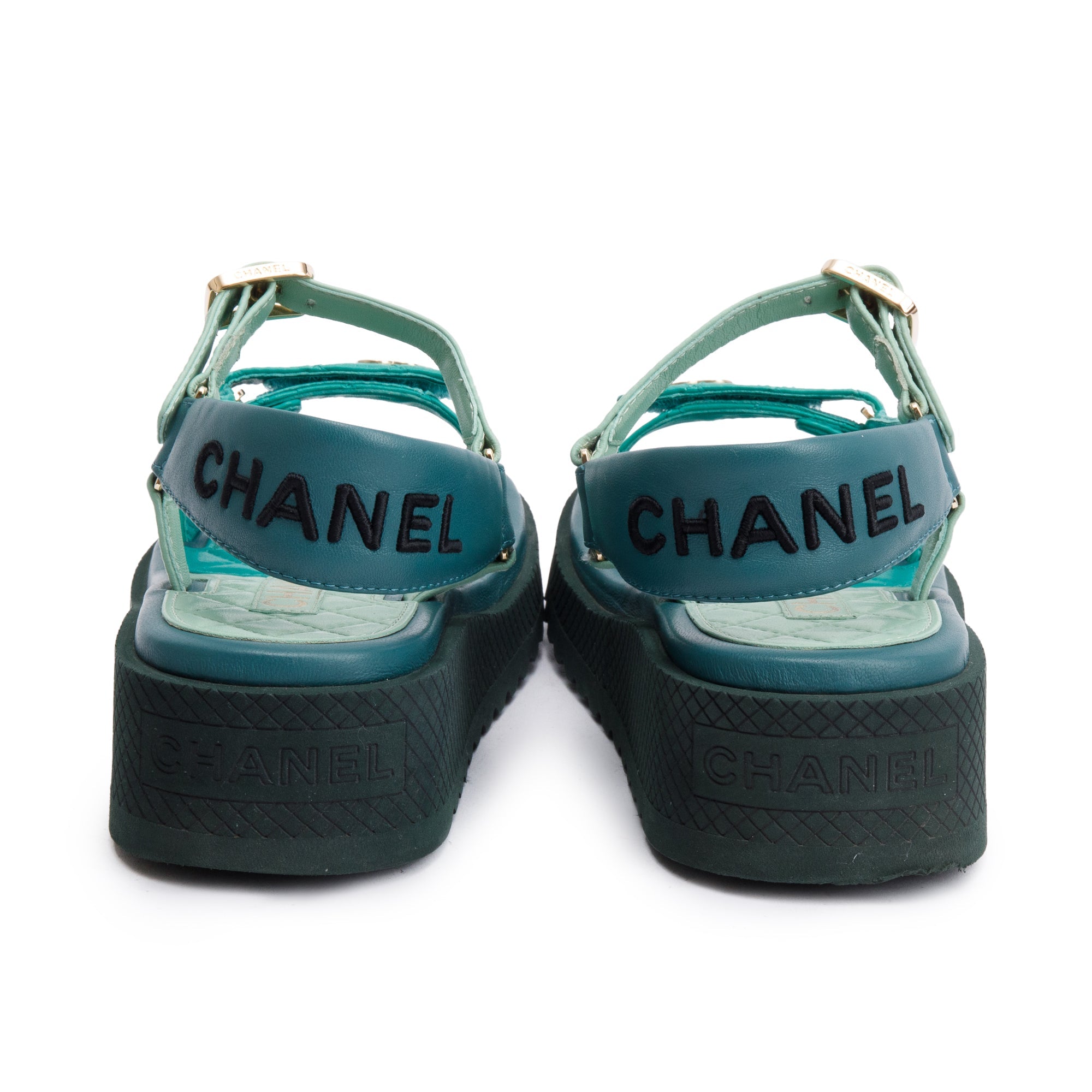 Chanel Green Lambskin Leather Dad Interlocking CC Logo Sandals, Size 37.5 w/ Box