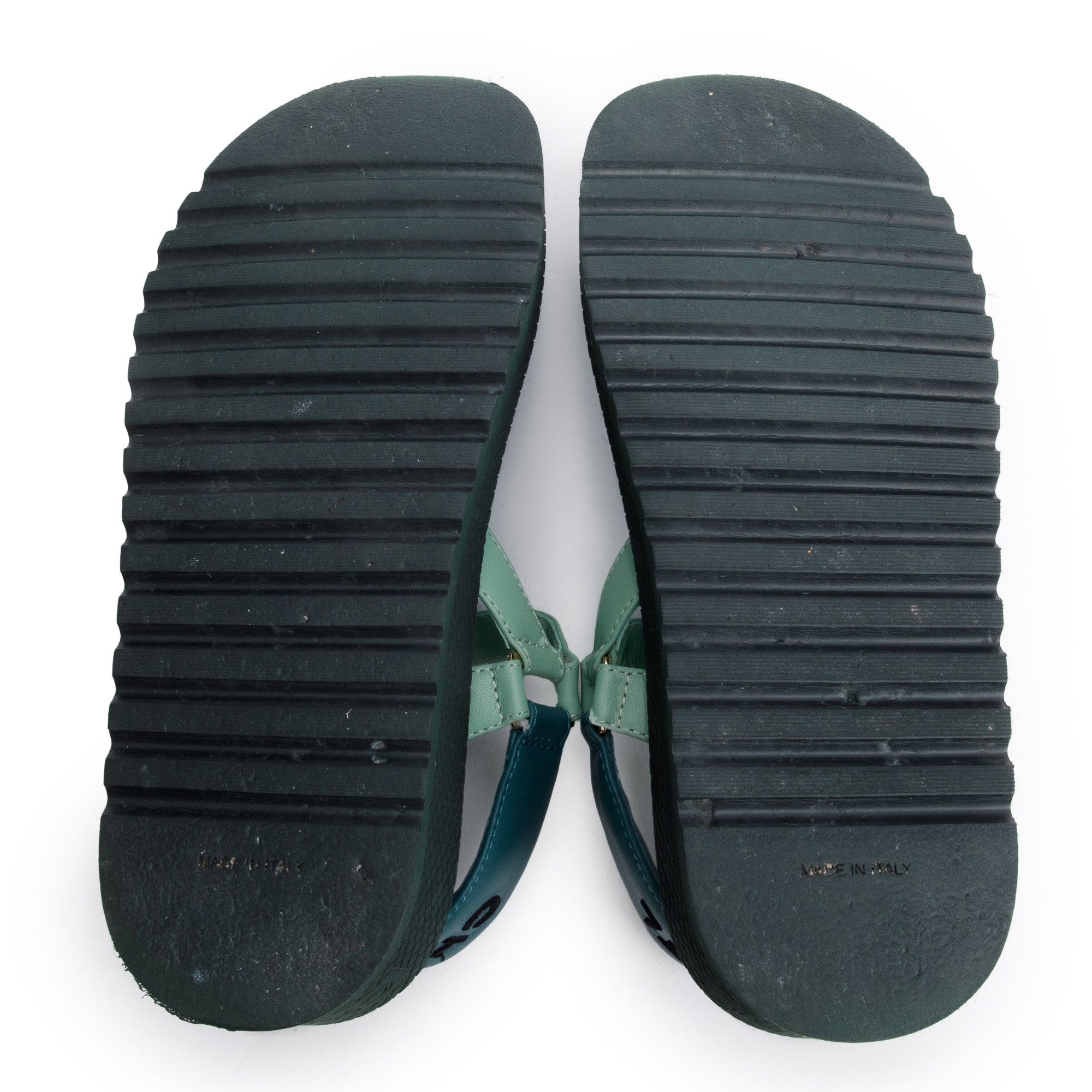 Chanel Green Lambskin Leather Dad Interlocking CC Logo Sandals, Size 37.5 w/ Box