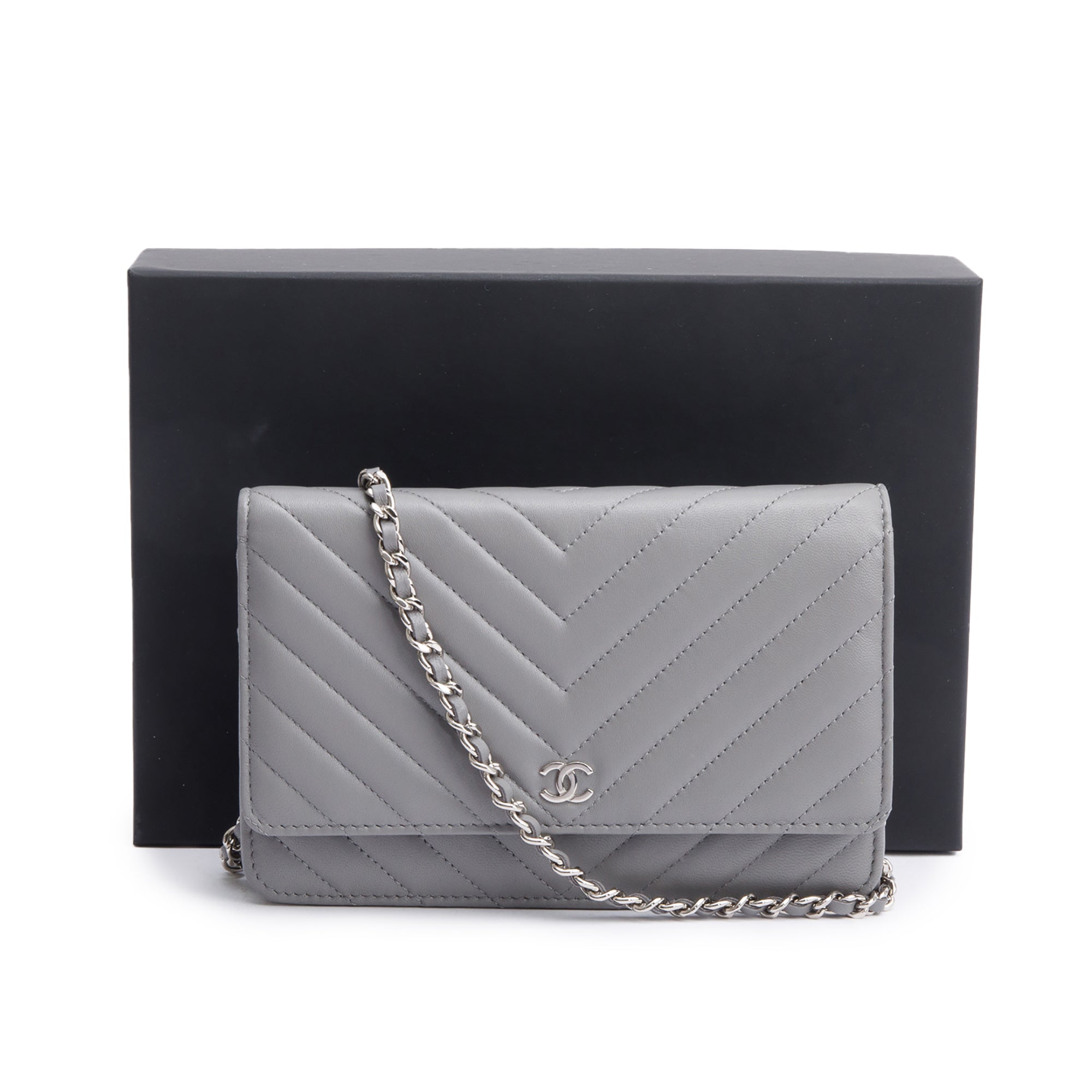 Chanel Grey Chevron Caviar Leather Classic Wallet on Chain w/ Box