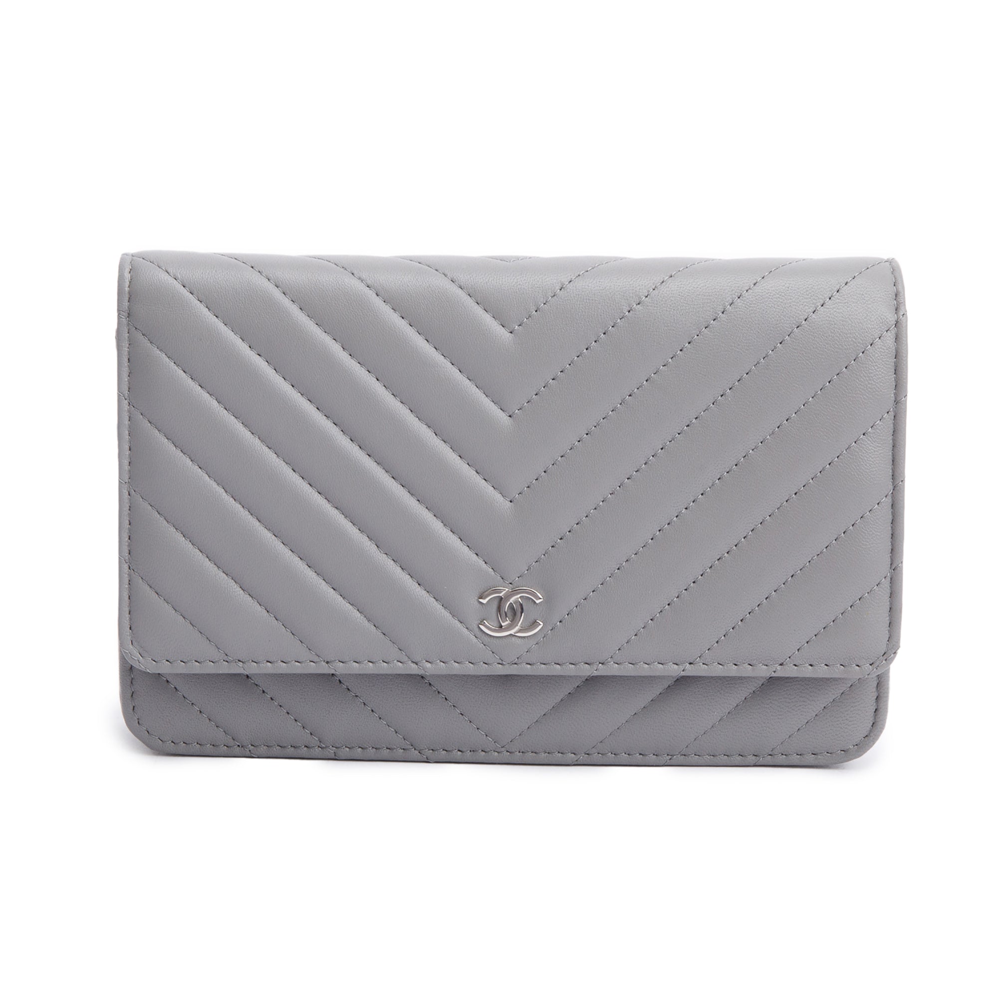 Chanel Grey Chevron Caviar Leather Classic Wallet on Chain w/ Box