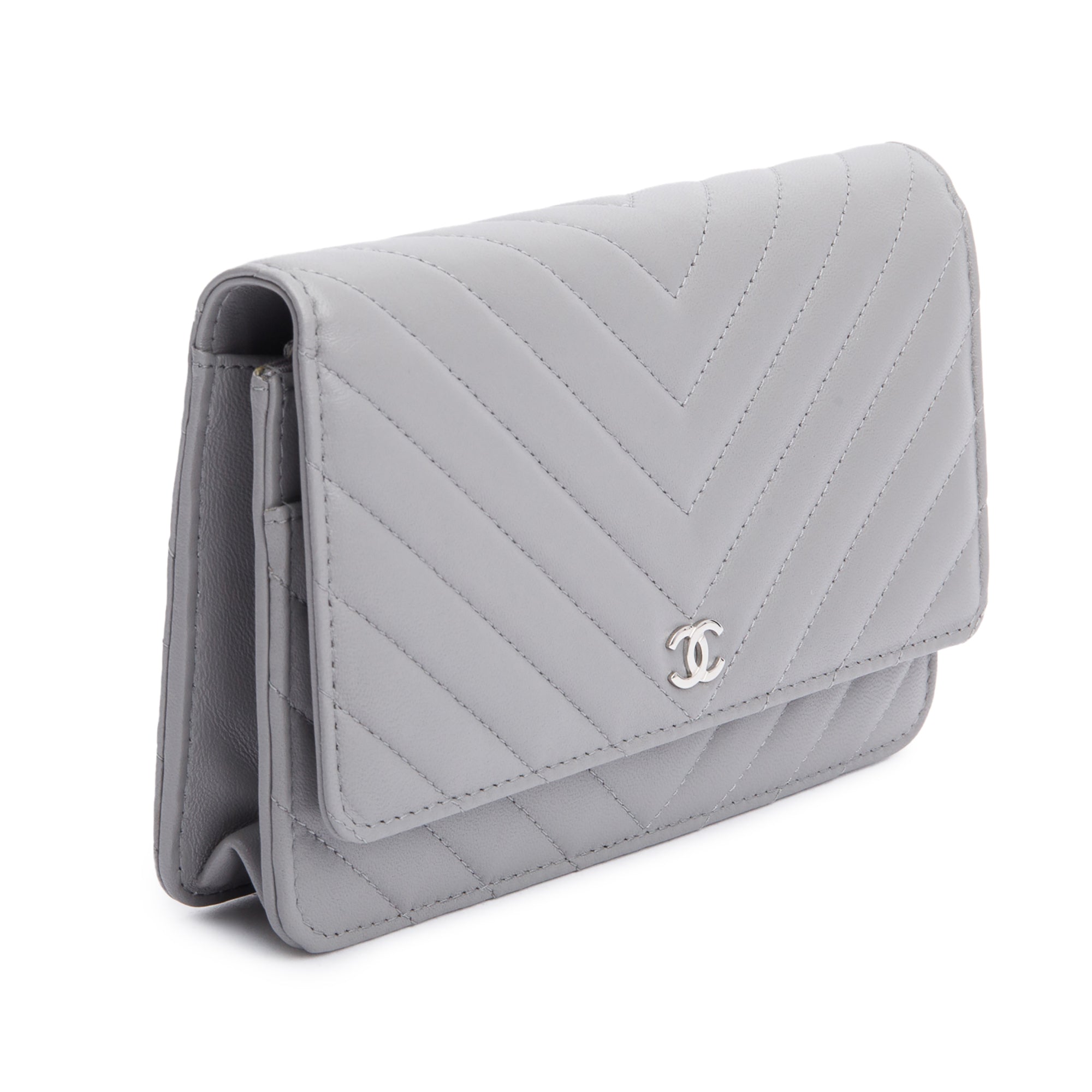 Chanel Grey Chevron Caviar Leather Classic Wallet on Chain w/ Box