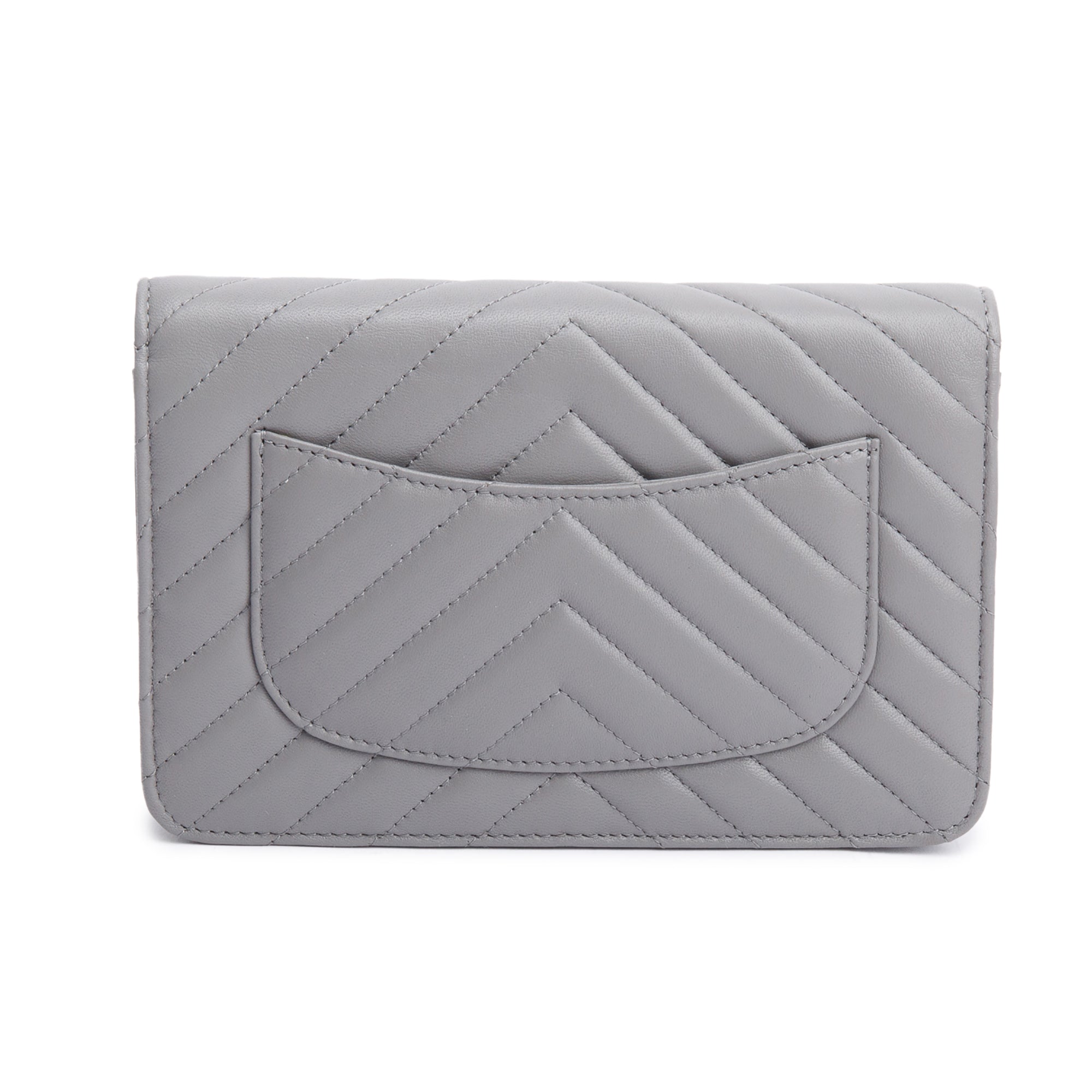 Chanel Grey Chevron Caviar Leather Classic Wallet on Chain w/ Box