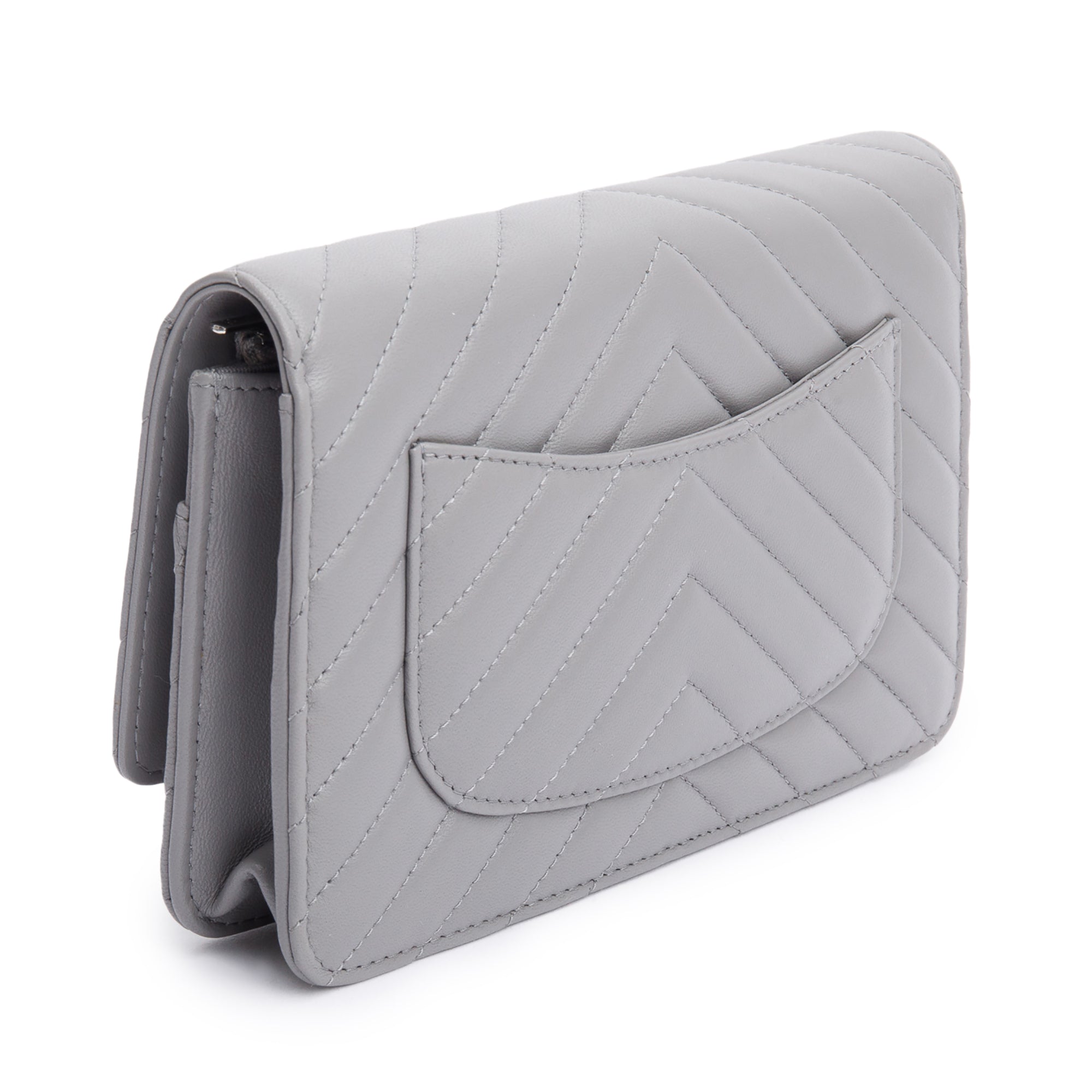 Chanel Grey Chevron Caviar Leather Classic Wallet on Chain w/ Box