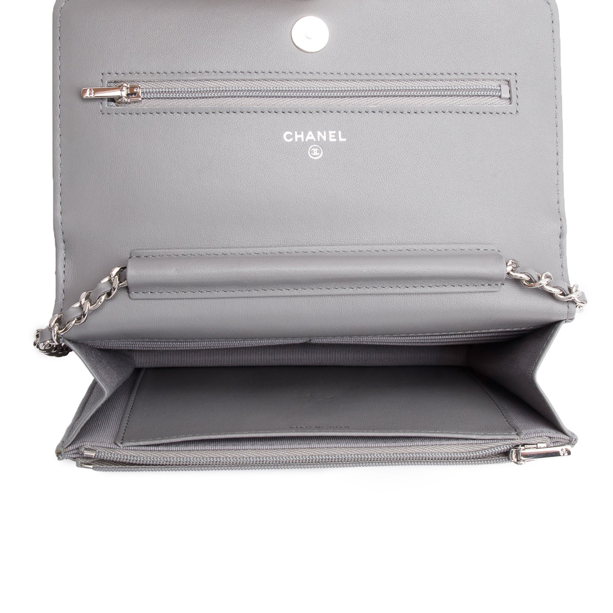 Chanel Grey Chevron Caviar Leather Classic Wallet on Chain w/ Box