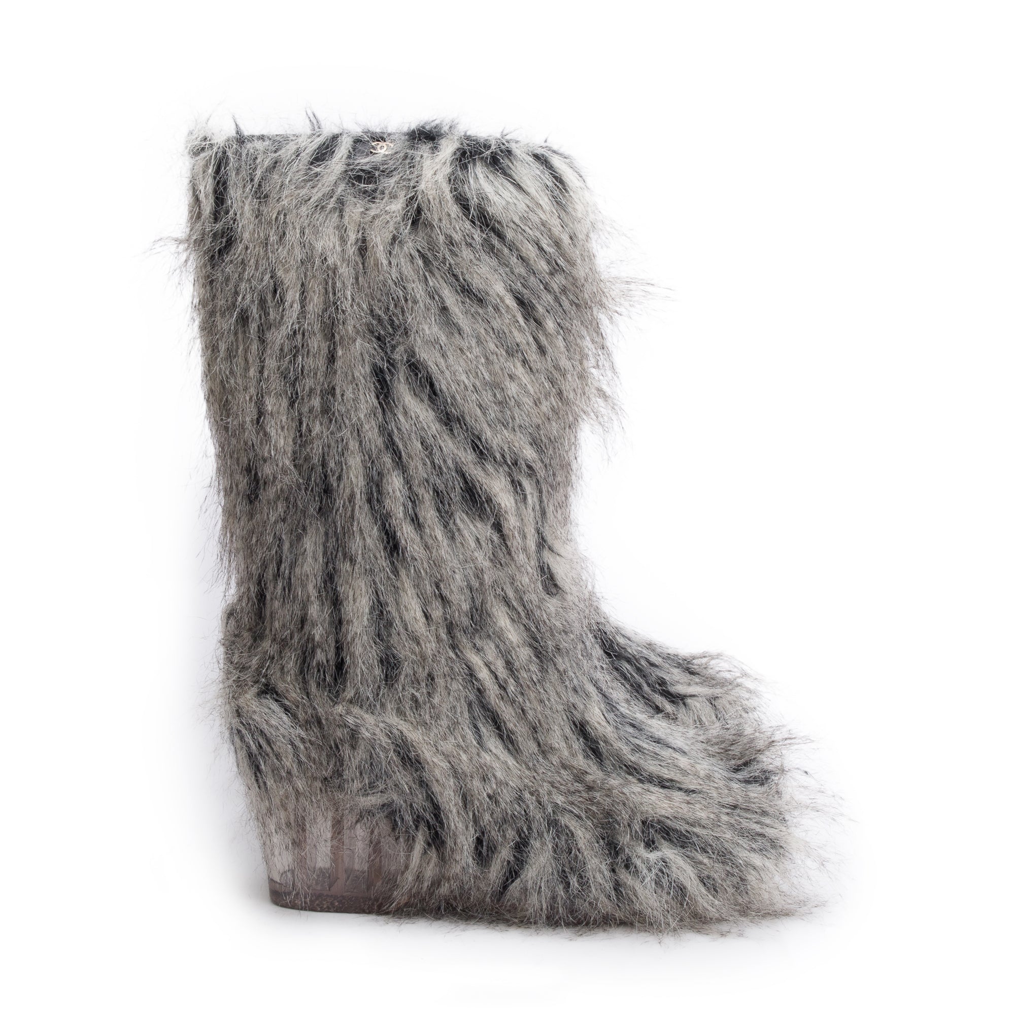 Chanel Grey Fantasy Fau Fur Icicle Heel Mukluks Boots, Size 38