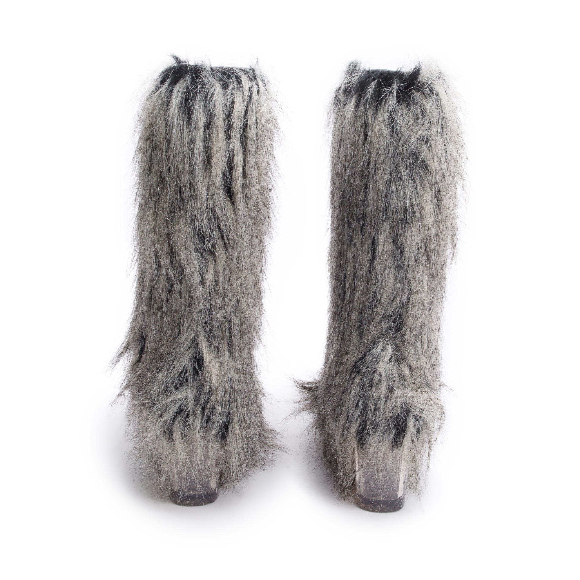 Chanel Grey Fantasy Fau Fur Icicle Heel Mukluks Boots, Size 38