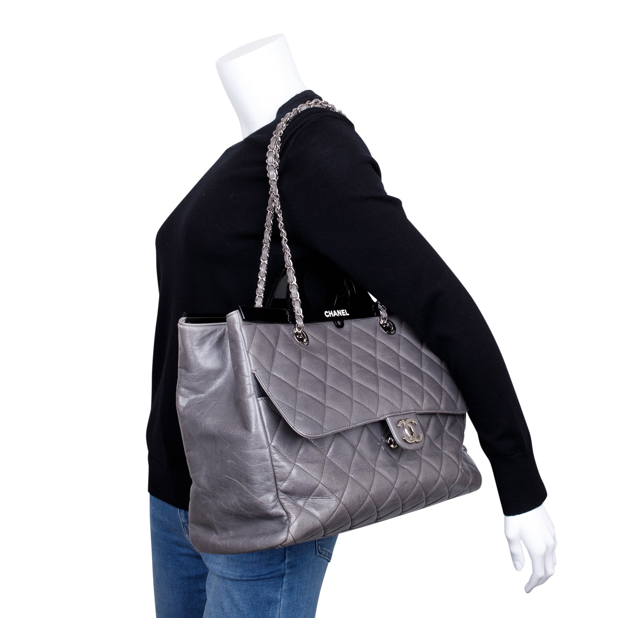 Chanel Grey Glazed Calfskin Leather Large CC Delivery Tote