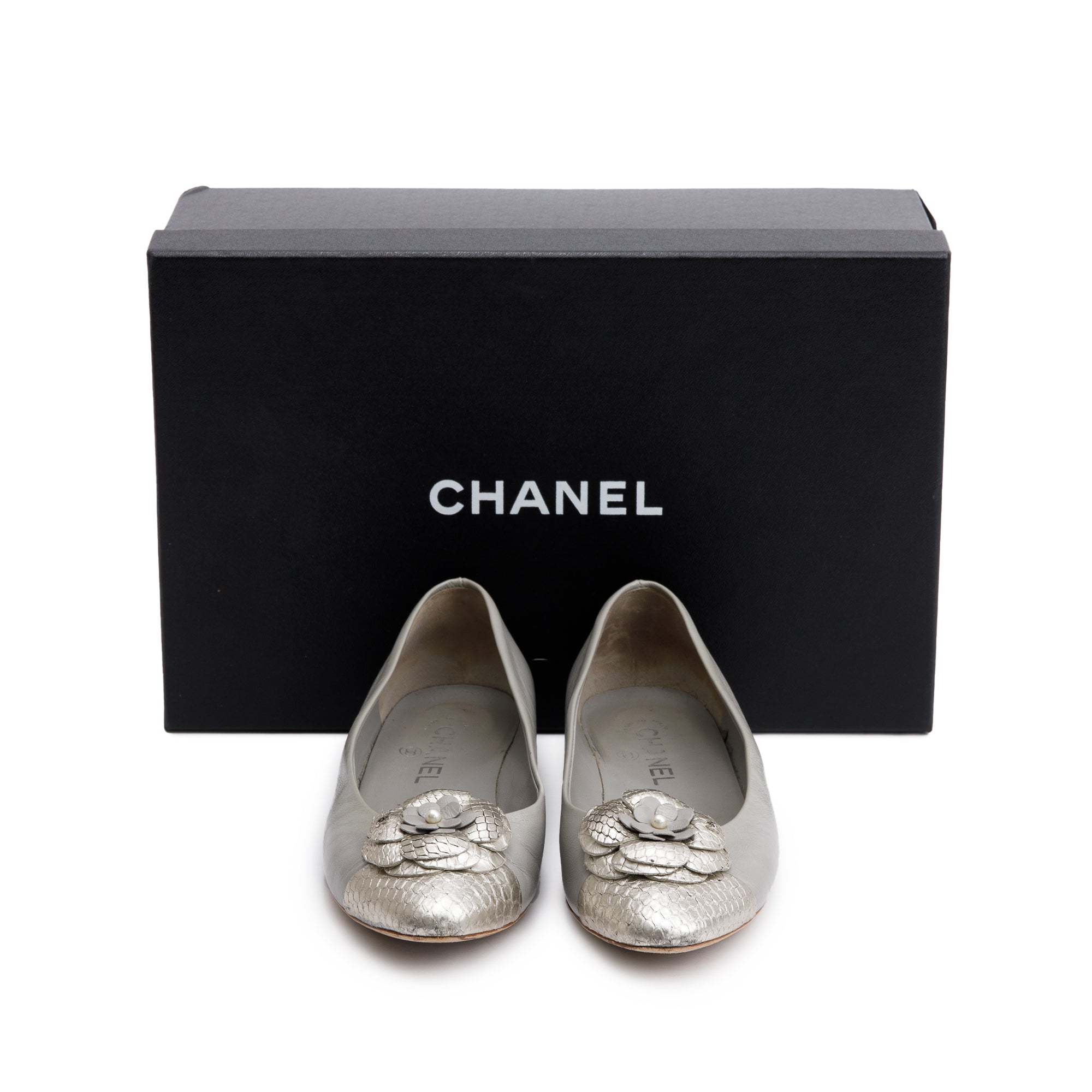 Chanel Grey Leather Silver Python Trim CC Camellia Flats, Size 38 w/ Box