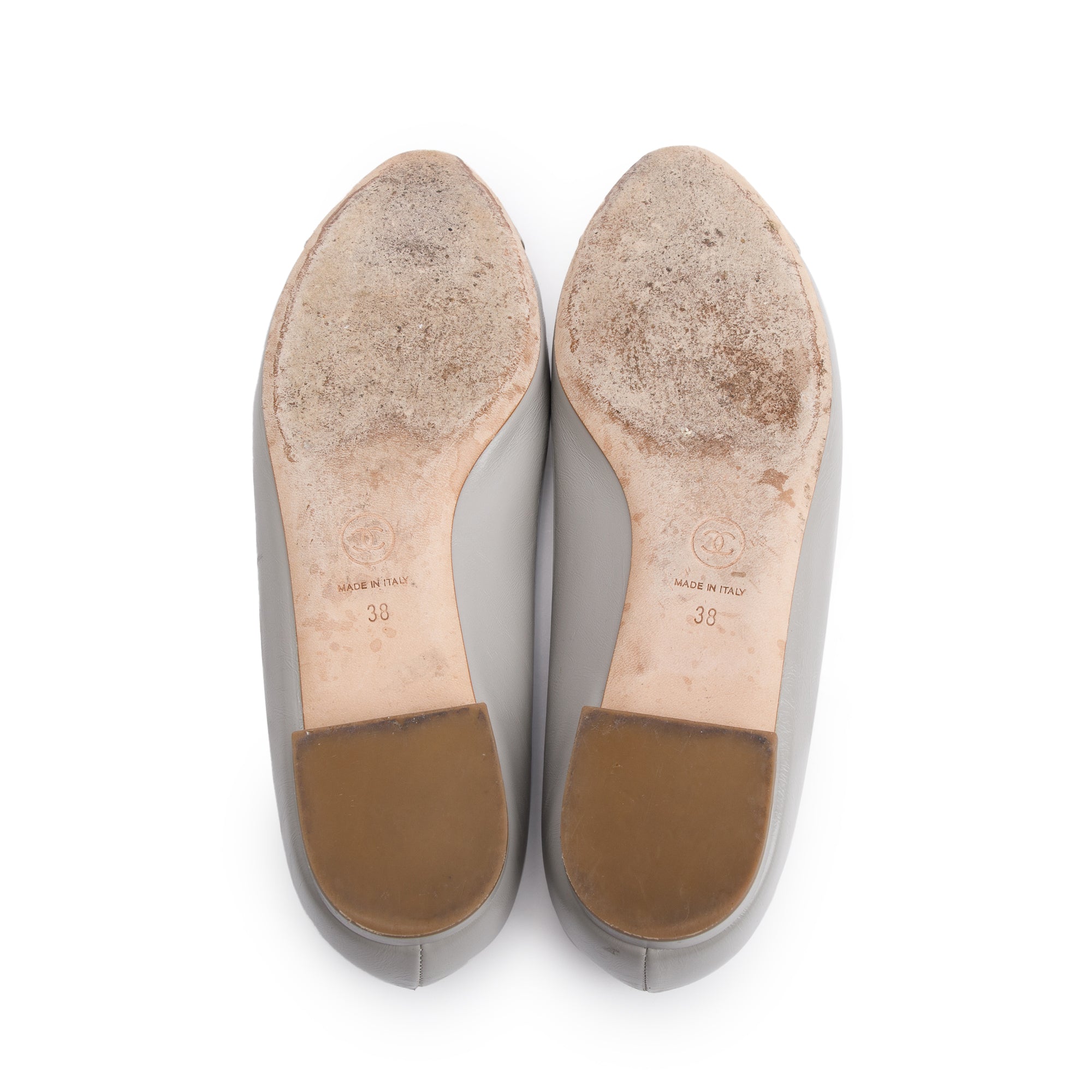 Chanel Grey Leather Silver Python Trim CC Camellia Flats, Size 38 w/ Box