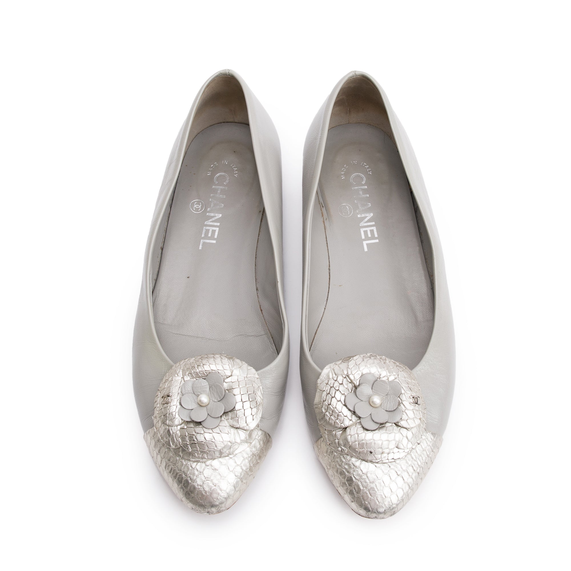 Chanel Grey Leather Silver Python Trim CC Camellia Flats, Size 38 w/ Box