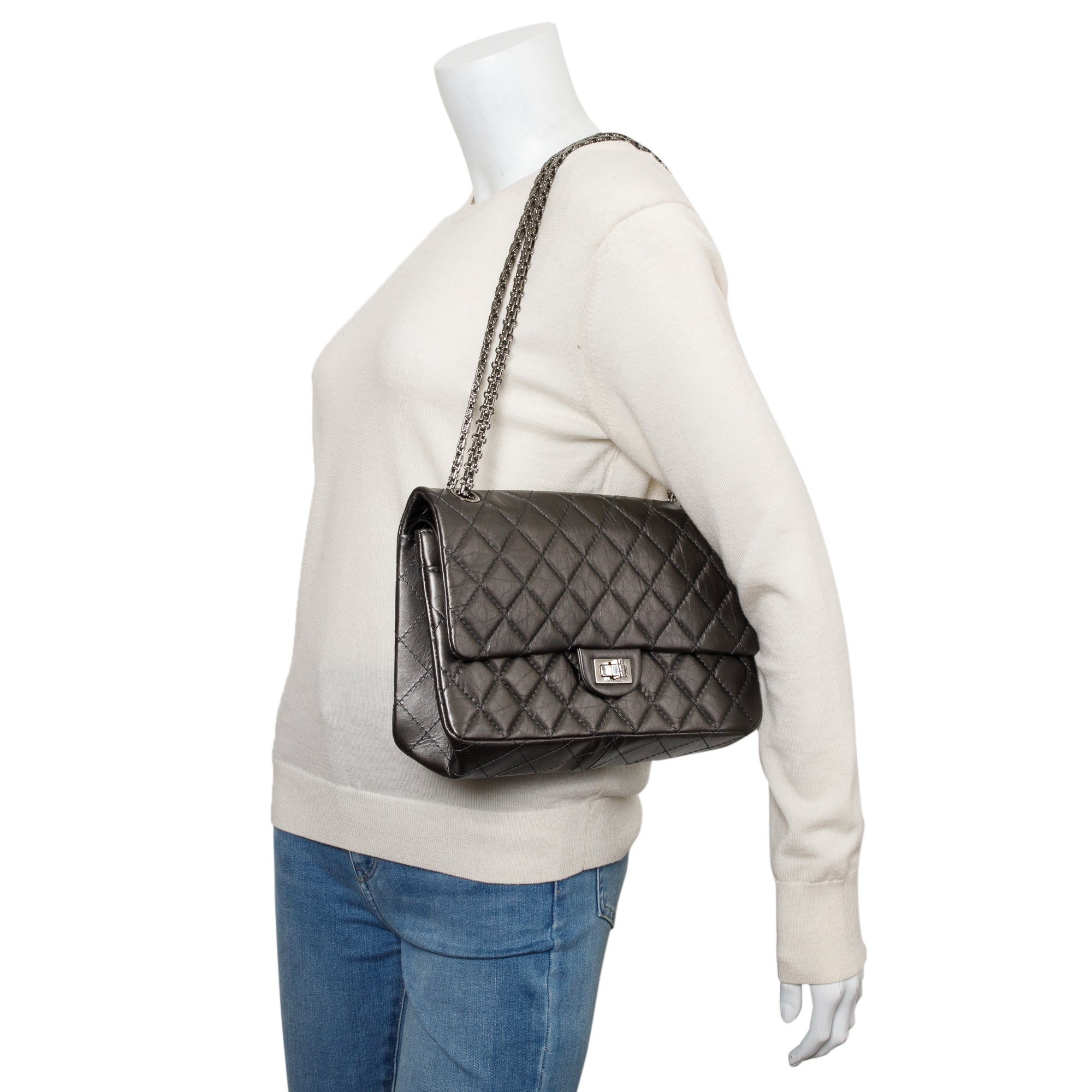 Chanel Grey Metallic Aged Calfskin Leather 2.55 Reissue 226 Double Flap Bag w/ Box