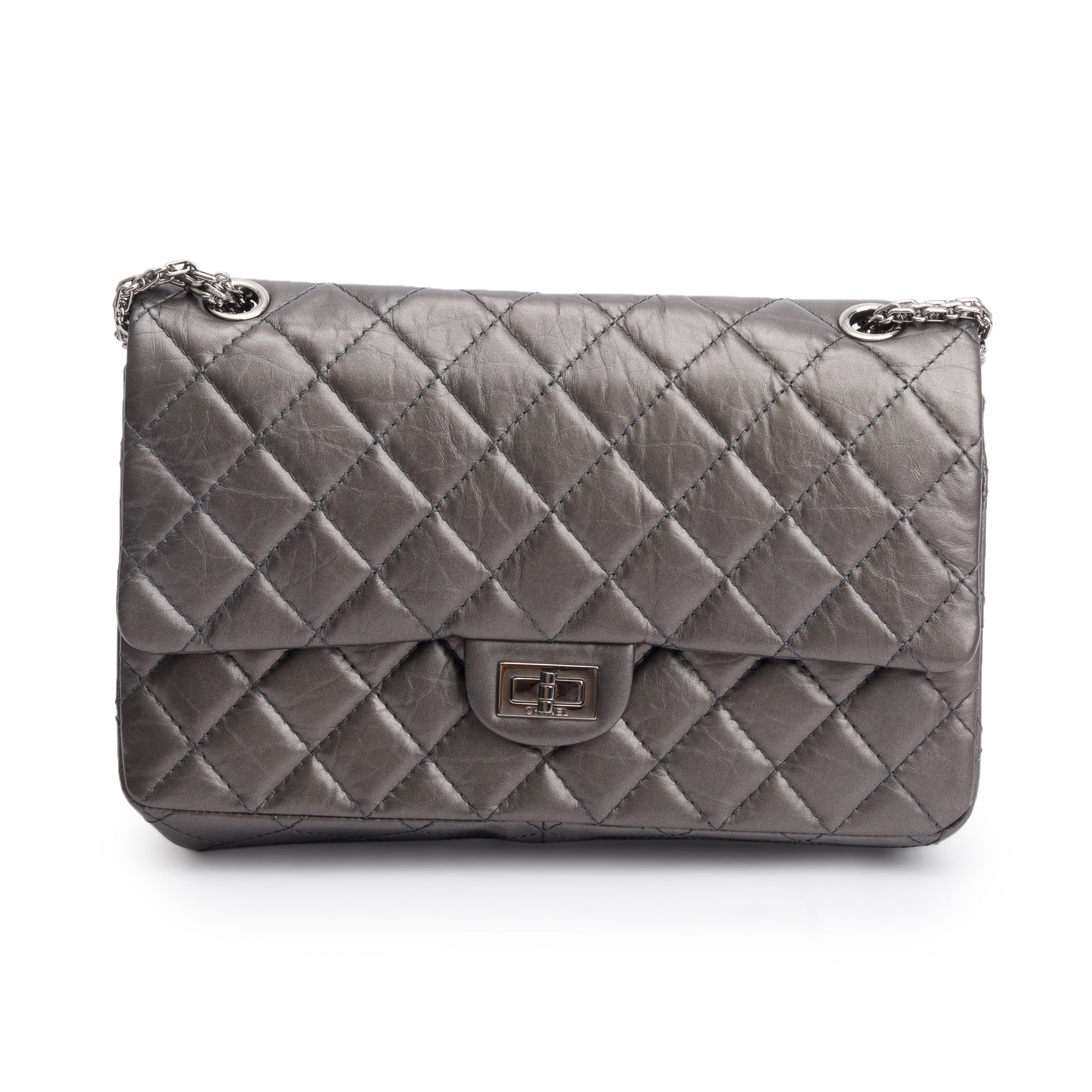 Chanel Grey Metallic Aged Calfskin Leather 2.55 Reissue 226 Double Flap Bag w/ Box