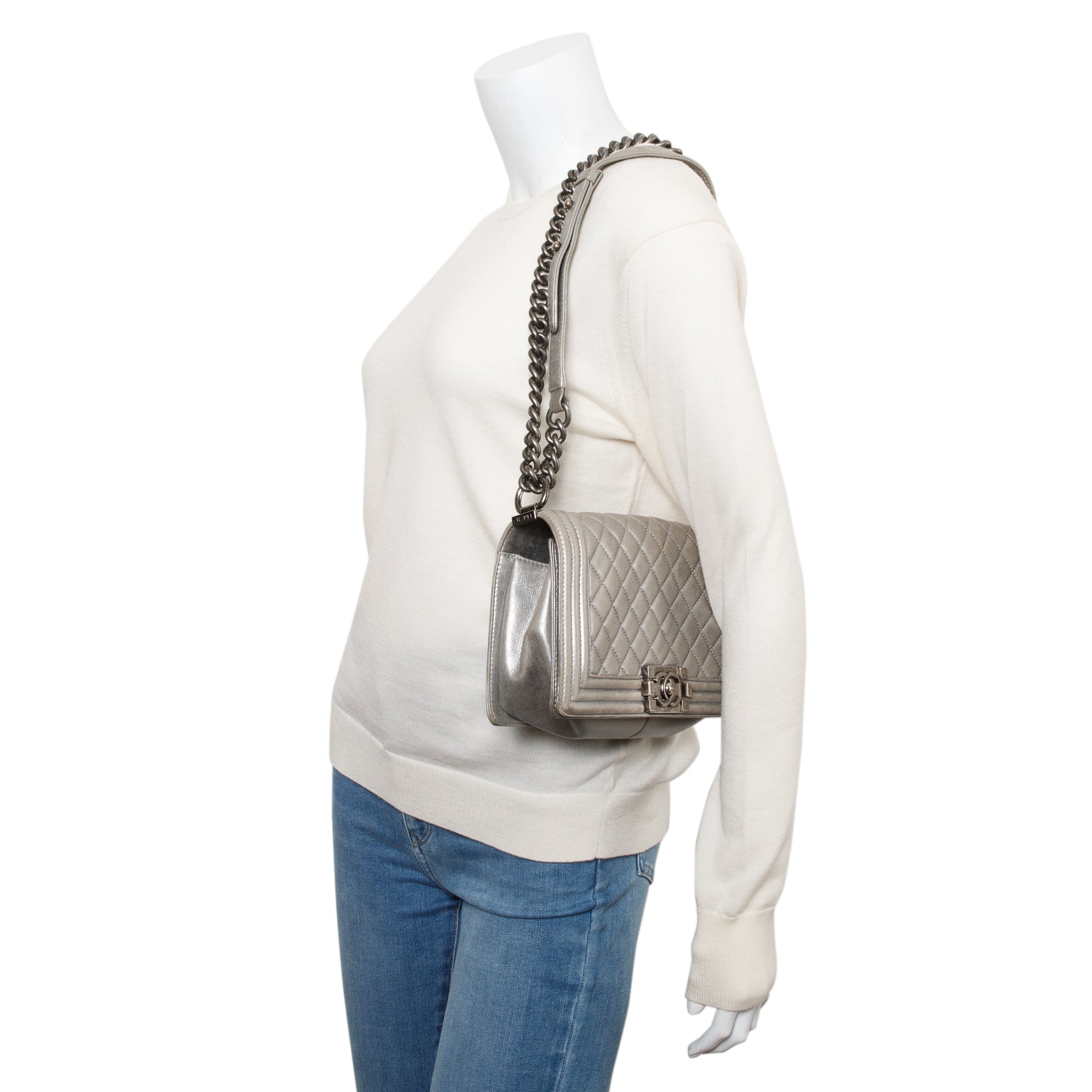 Chanel Grey Metallic Lambskin Leather Medium Boy Bag