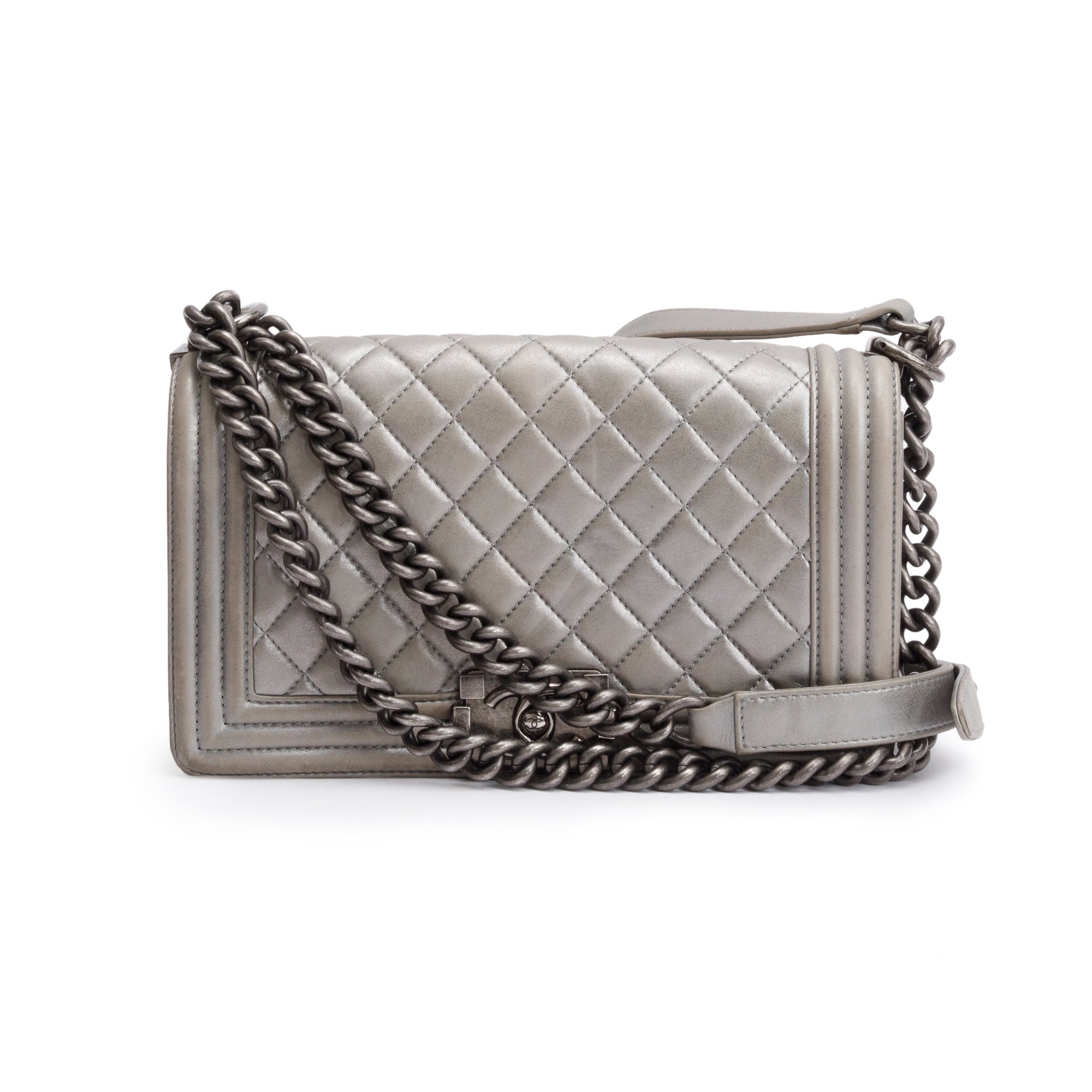 Chanel Grey Metallic Lambskin Leather Medium Boy Bag