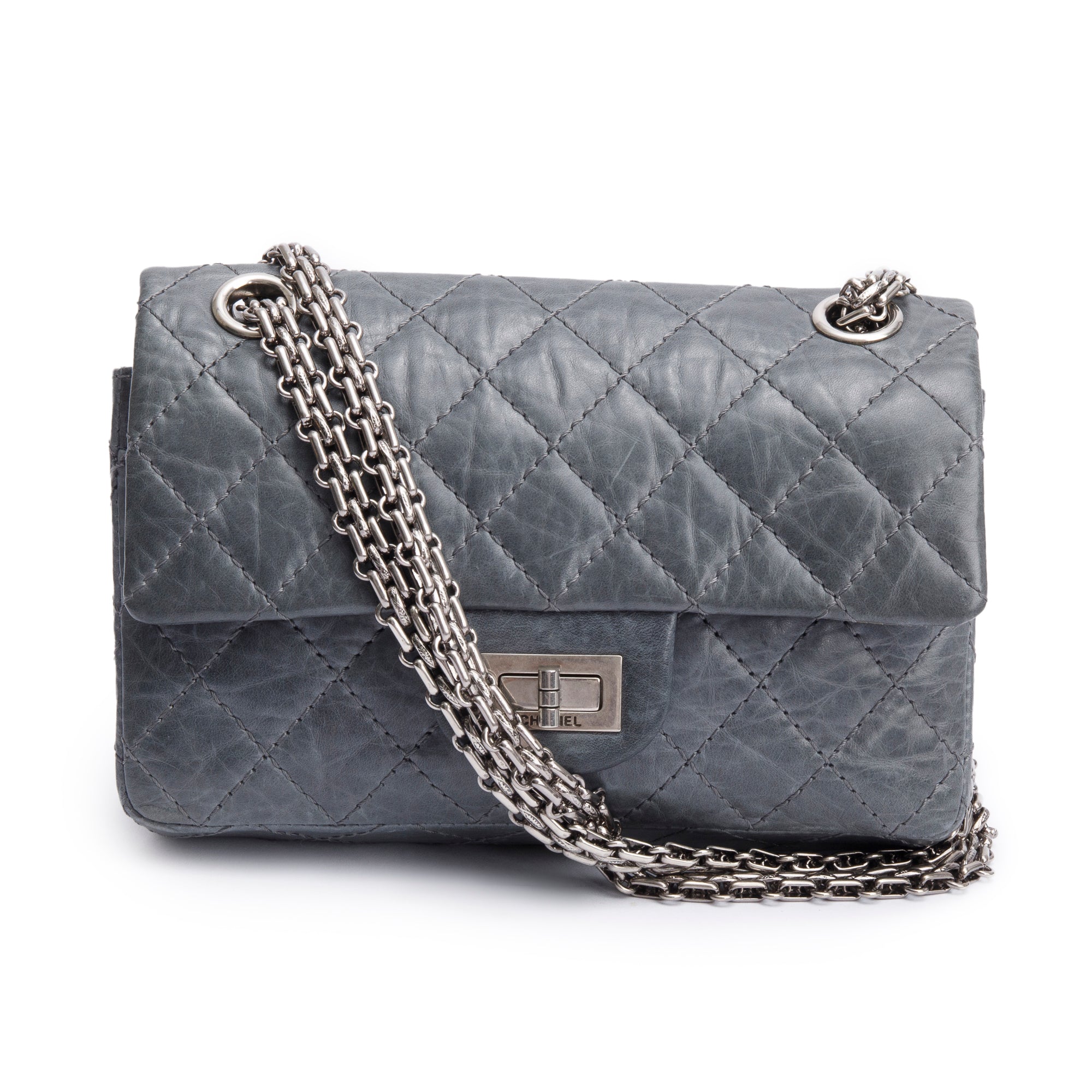 Chanel Grey Quilted Calfskin Leather 2.55 Reissue Mini Double Flap Bag