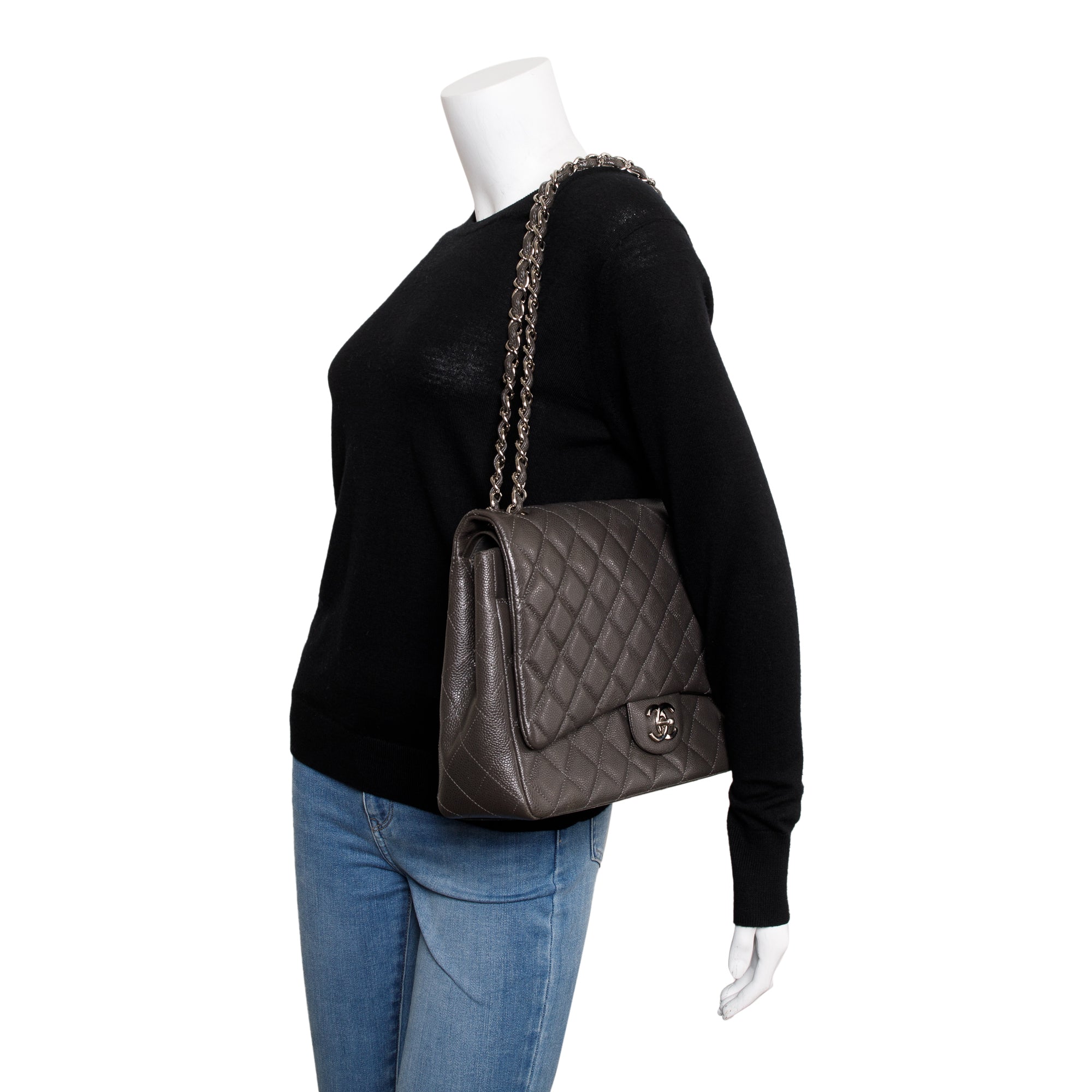 Chanel Grey Quilted Caviar Leather Classic Maxi Double Flap Bag w/ Authenticity Card