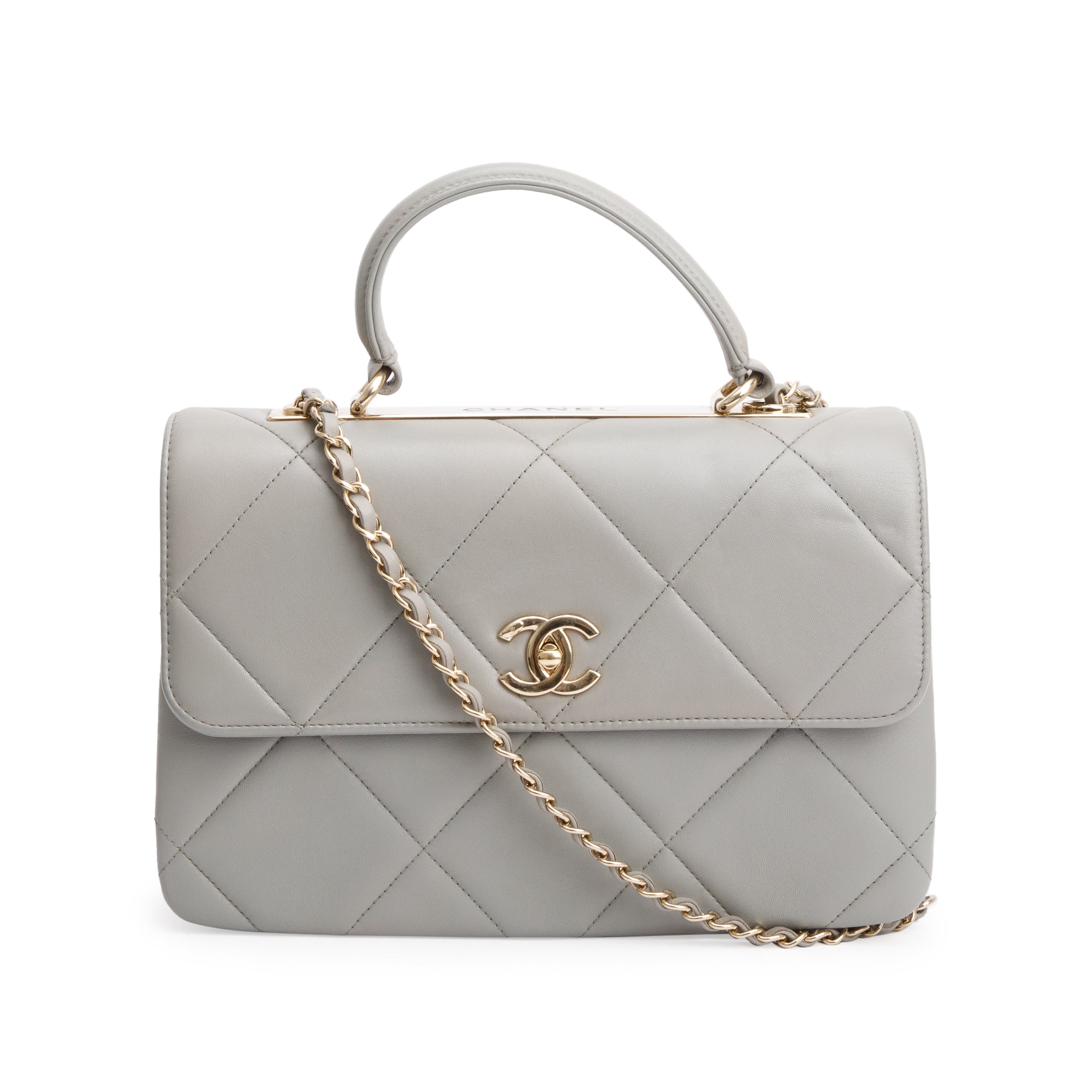 Chanel Grey Quilted Lambskin Trendy CC Medium Top Handle Flap Bag w/ Authenticity Card