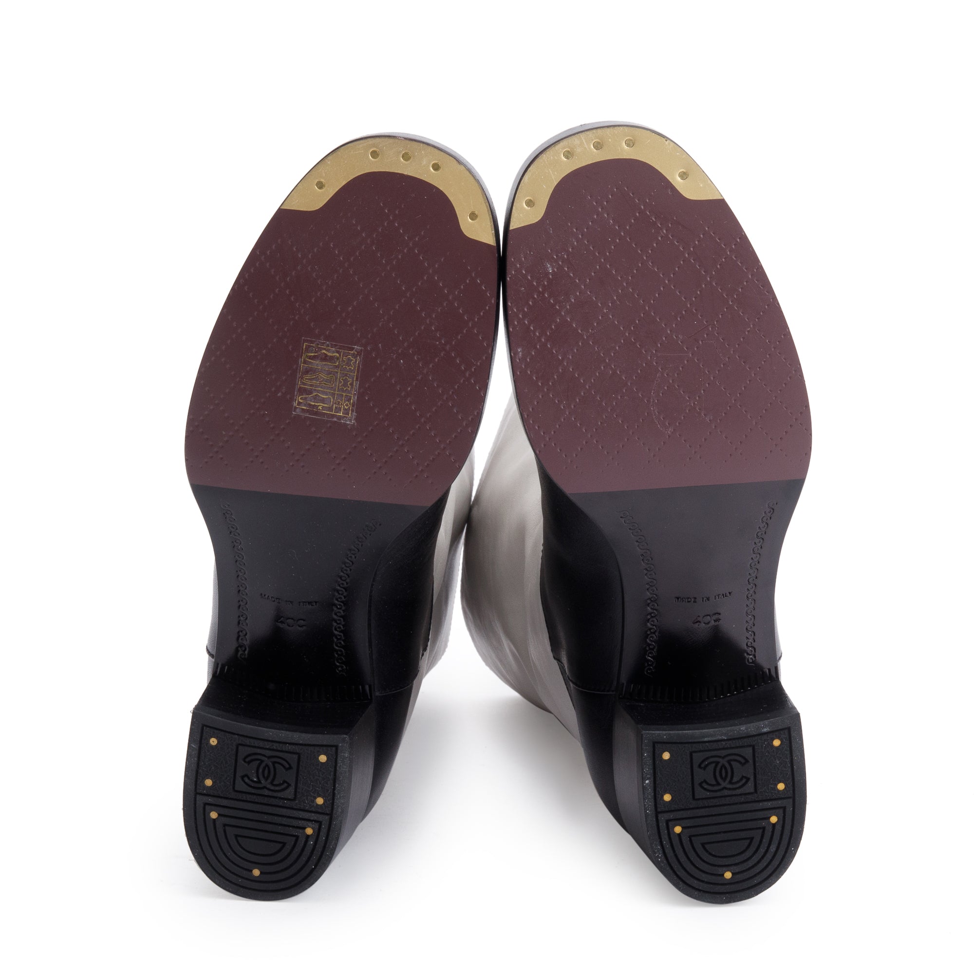 Chanel Grey/Black Leather Interlocking CC Logo Mid Calf Boots, Size 40 w/ Box