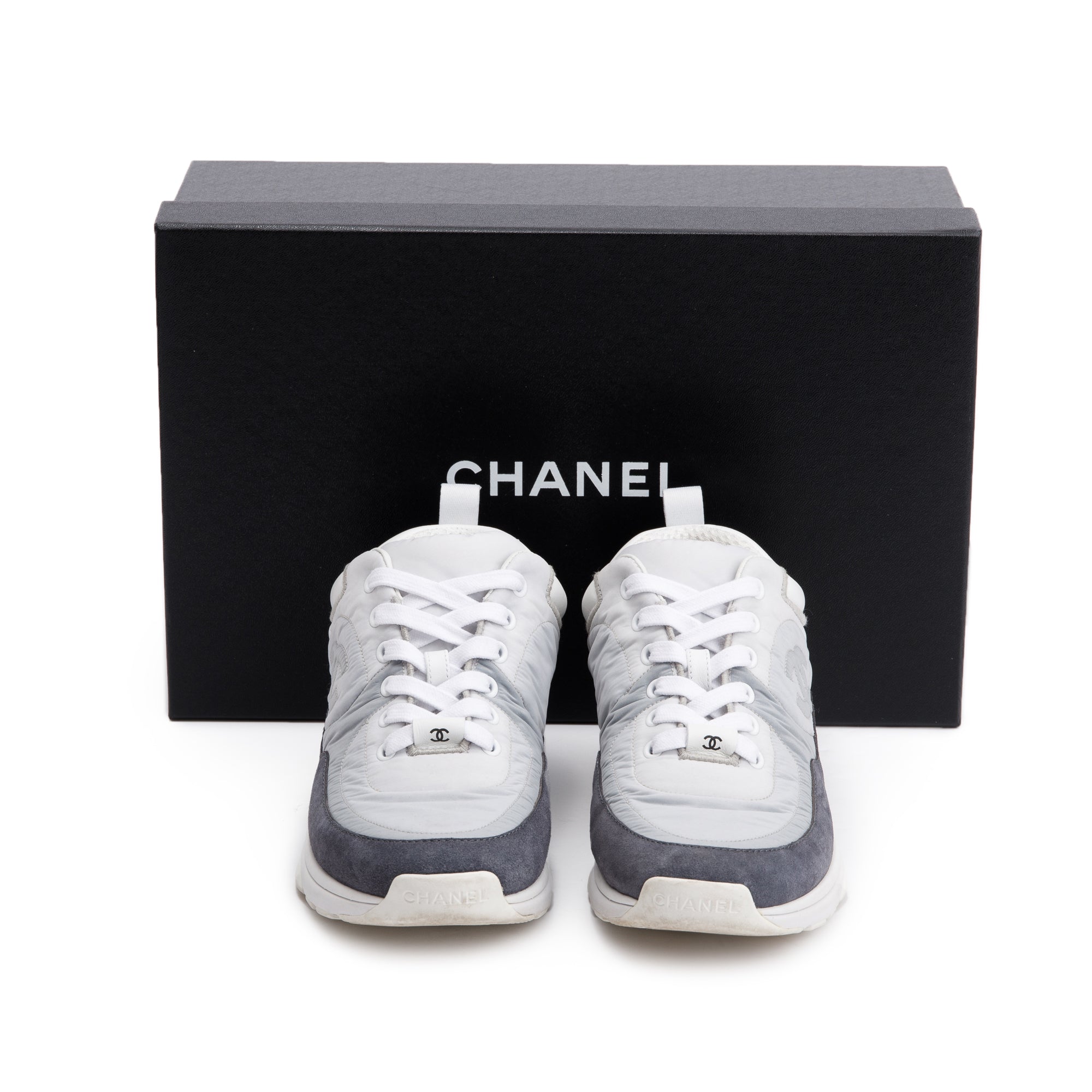 Chanel Grey/White Calfskin Nylon Suede CC Logo Sneakers, Size 37 w/ Box